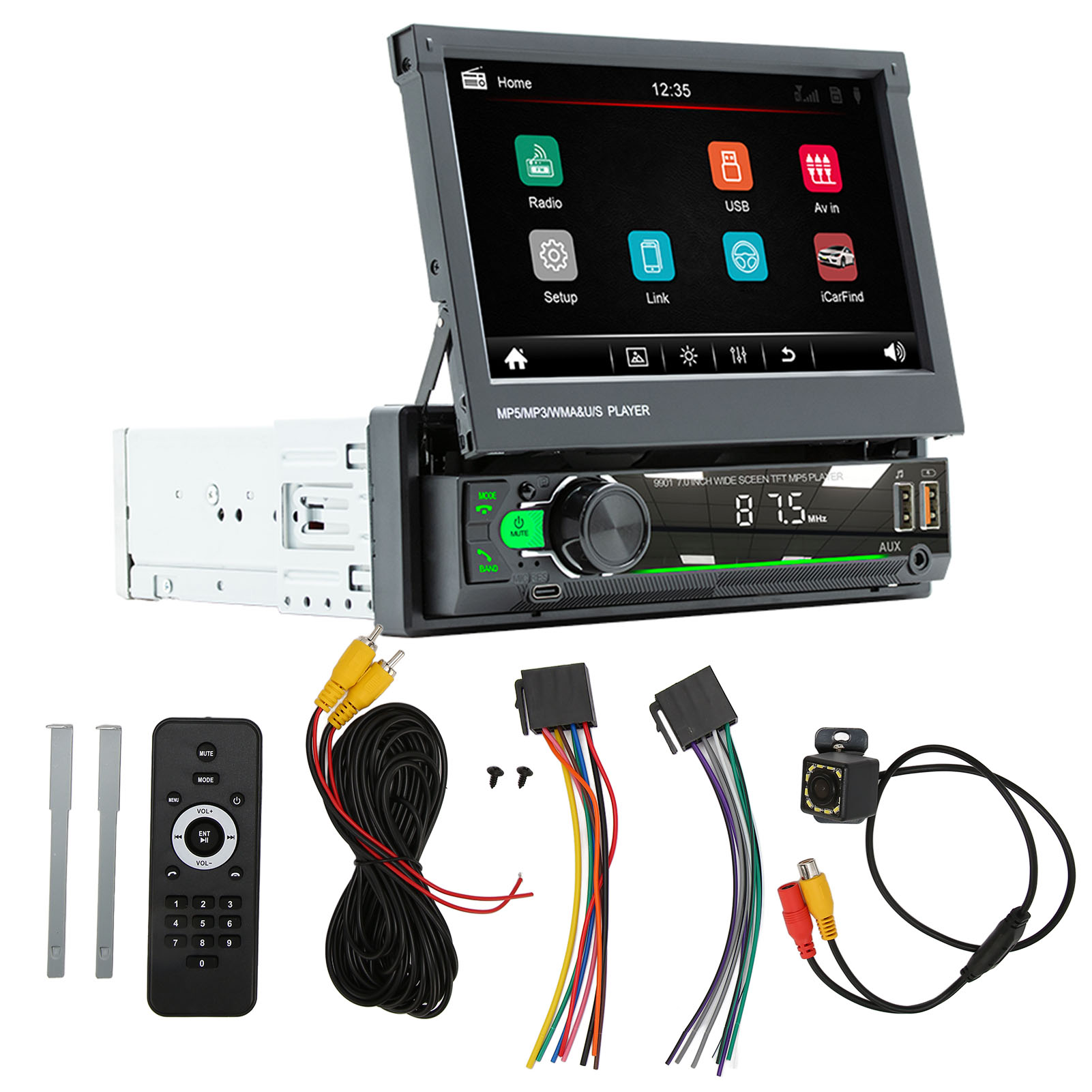 7-zoll-autoradio Mit Mp5-player, Ausfahrbarem Hd-bildschirm, Bluetooth 5.1, Freisprecheinrichtung, 12-led-rückfahrkamera Und Mirrorlink
