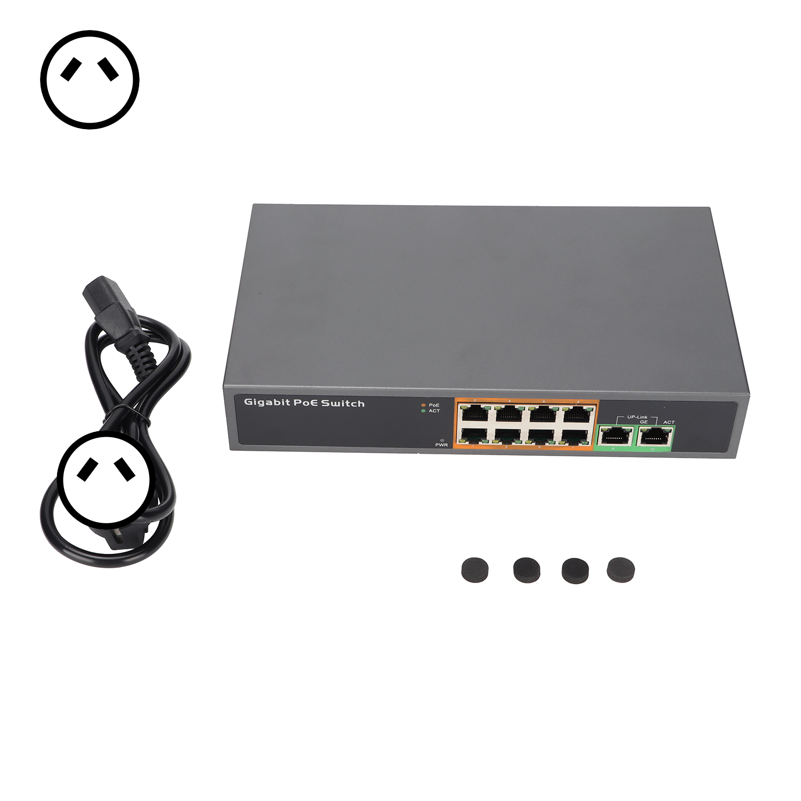Gigabit-poe-switch Pse1008g, Ieee 802.3 At/af-standard, 8 Ports, 100–250 V Netzteil, Australischer Stecker