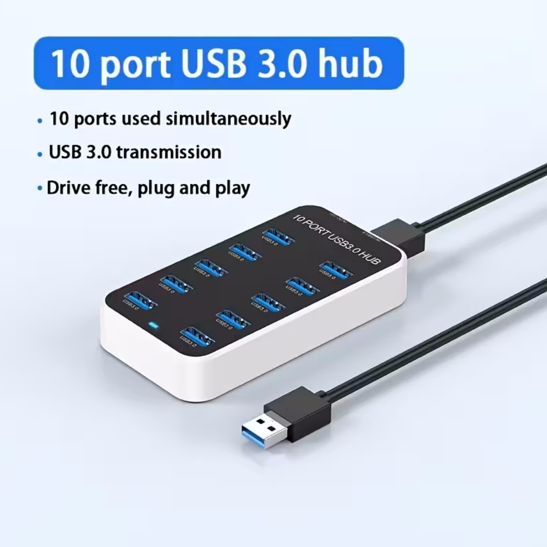 10-port Usb 3.0 Hub, Universeller Usb-hub Mit 5 Gbit/s High-speed-datenübertragung Für Laptops