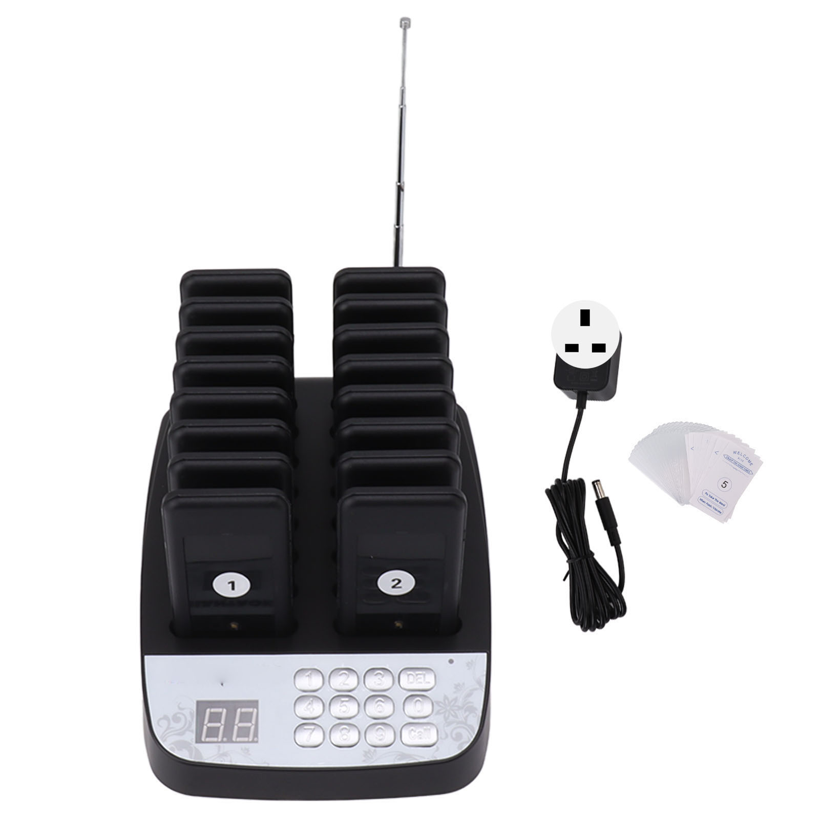 Schwarzes Kundenrufsystem Mit 16 Einheiten, Vibrationsalarm, Klingelton Und Lichtsignal Für Gastronomiebetriebe, Uk-stecker 100–240 V