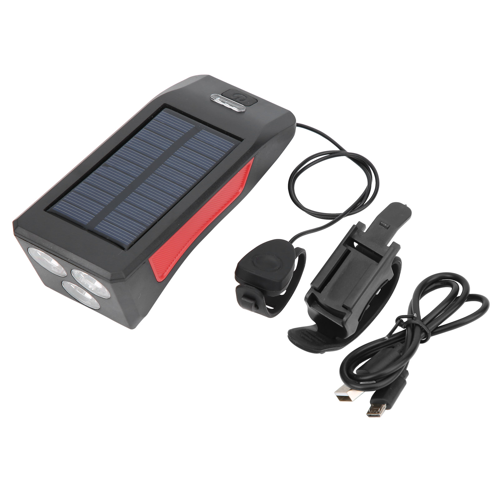 3-led-solar-fahrradscheinwerfer, Integrierte Hupe, Wasserdicht Für Mountainbikes, Schwarzes Und Rotes Fahrradlicht