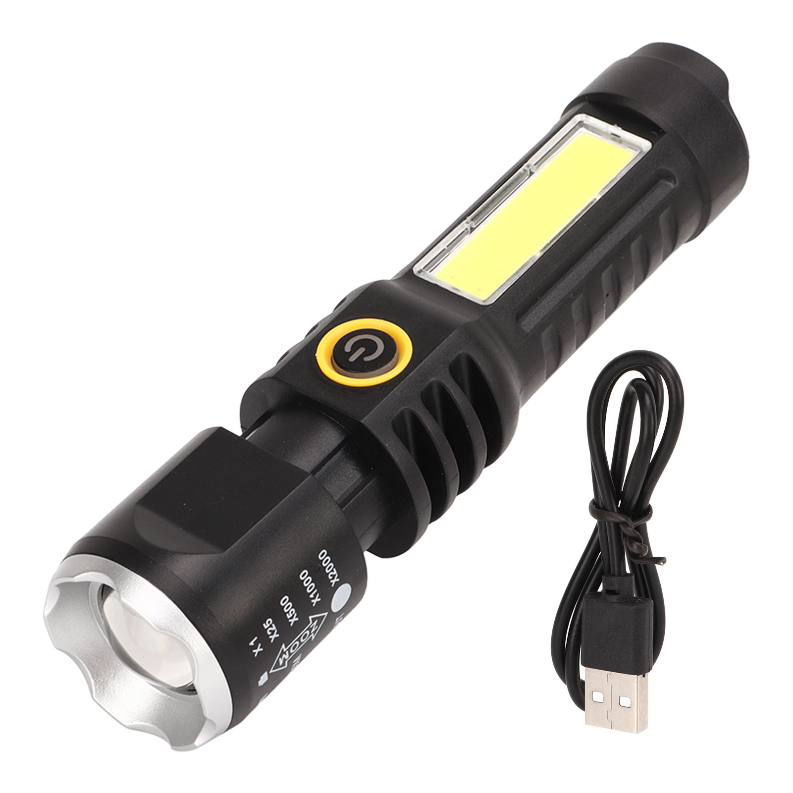 Leistungsstarke Teleskop-taschenlampe, Usb-c-aufladbar, Schwarz Mit Silbernem Ring, Zum Wandern Und Campen