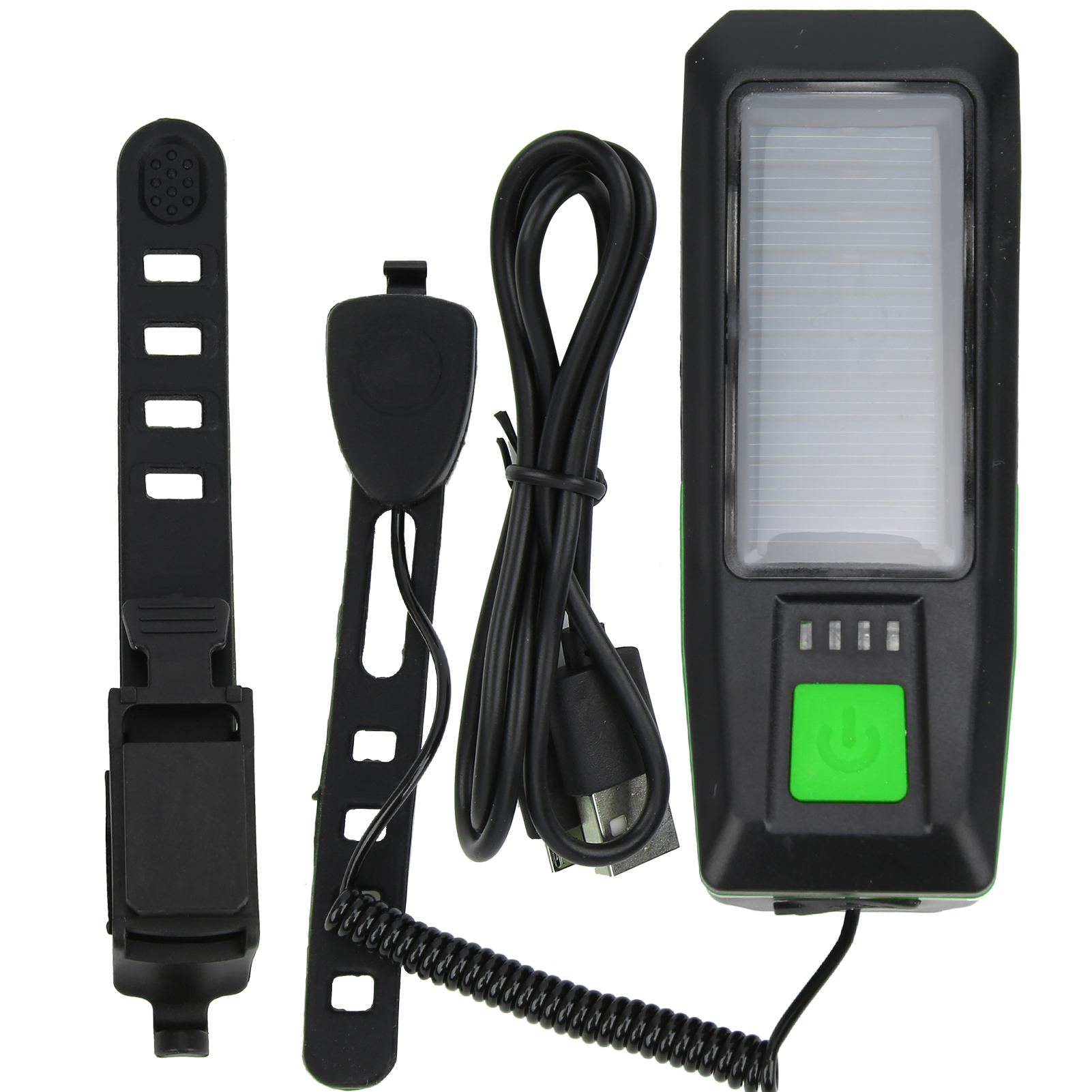 Usb-solarfahrradlampe Mit Hupe, Scheinwerfer Und Taschenlampe – Fahrradzubehör In Schwarz Und Grün