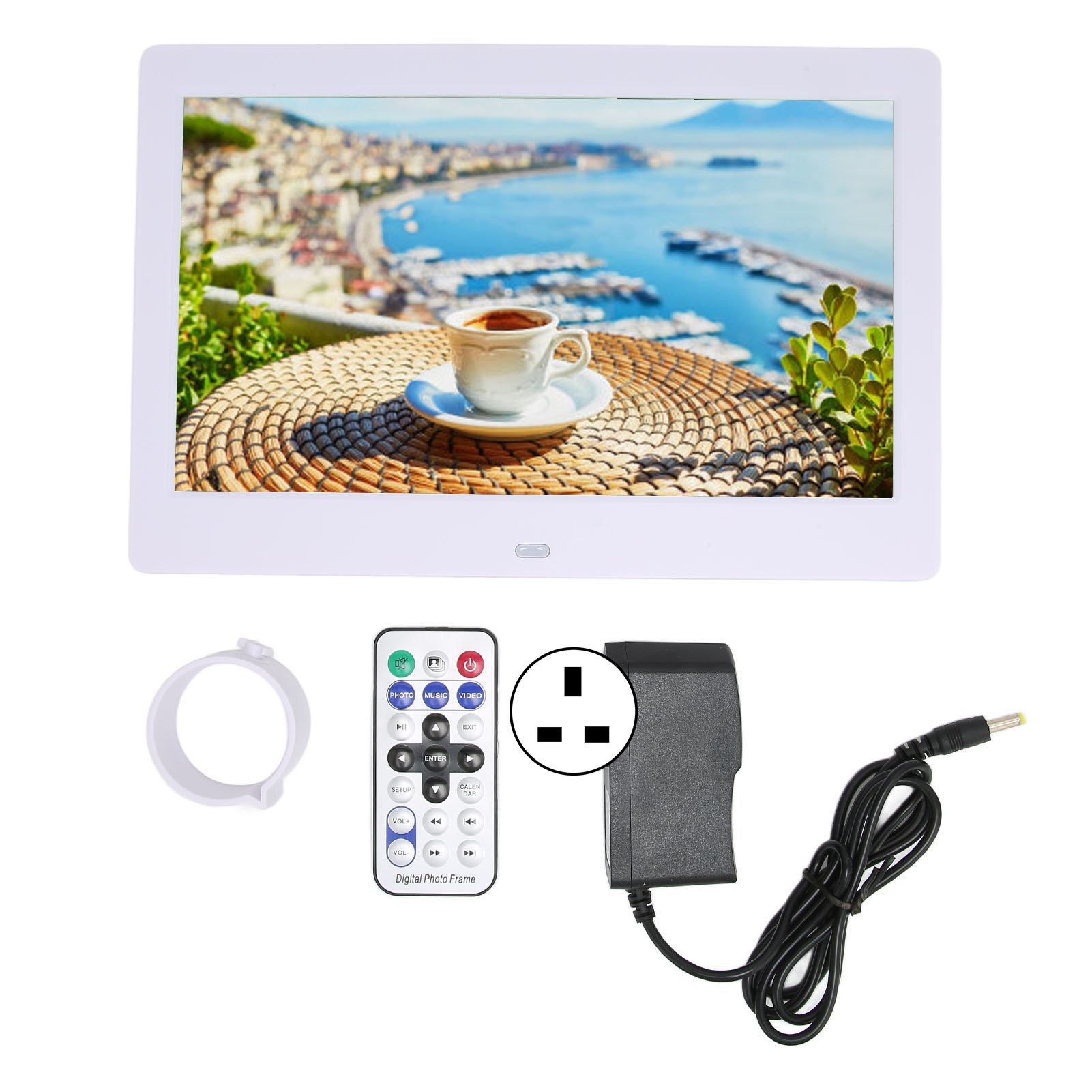 Digitaler 10,1-zoll-hd-bilderrahmen Mit Fernbedienung, 1024 X 600 Lcd-display, Intelligenter Elektronischer Rahmen, 110–240-v-netzteil, Weiß, Uk-stecker