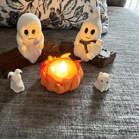 Nachtlicht Mit Lagerfeuergeist, Niedliche Halloween-dekoration Für Kamin Oder Büro Mit Katze Und Hund, Gruselige Und Gemütliche Statue