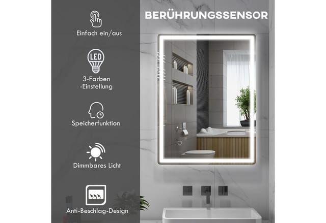 HOMCOM Badezimmerspiegel Glas Kunststoff Silber 80L x 60B x 4H cm