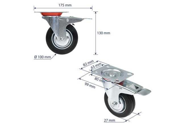 HMF 6790 Schwerlastrollen Bremse Vollgummi 4 Stück 100 mm bis 280 kg Schwarz