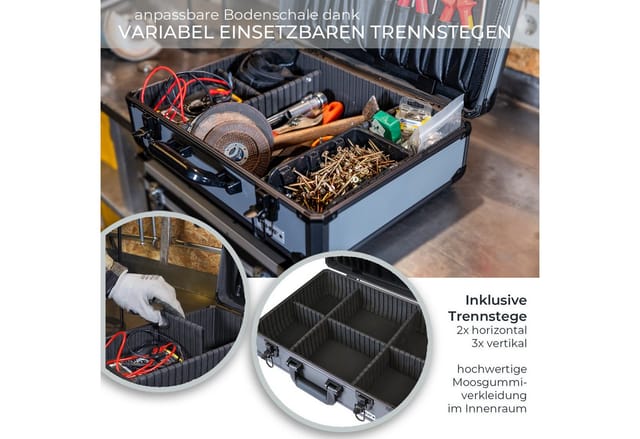 HMF 14601-02 Alu Werkzeugkoffer Leer Verstellbare Facheinteilung 46 x 15 x 33 cm Schwarz