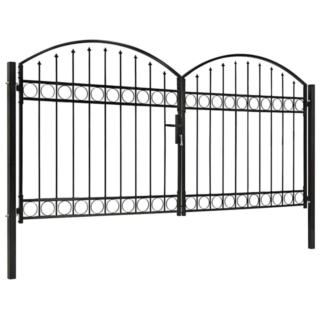 vidaXL Zauntor Doppelflügel Gewölbte Spitze Stahl 300 x 125 cm Schwarz 143089