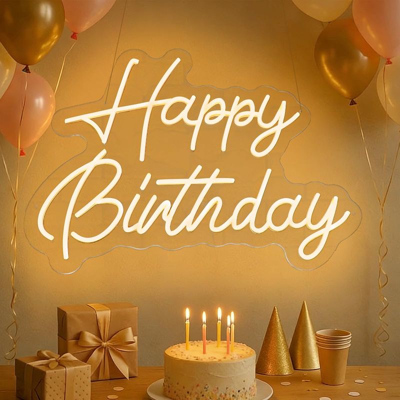 Neon-hintergrundschild „happy Birthday“ – 56 X 43 Cm, Leuchtschild Für Raumdekoration Oder Familienfeiern, Helligkeit Einstellbar