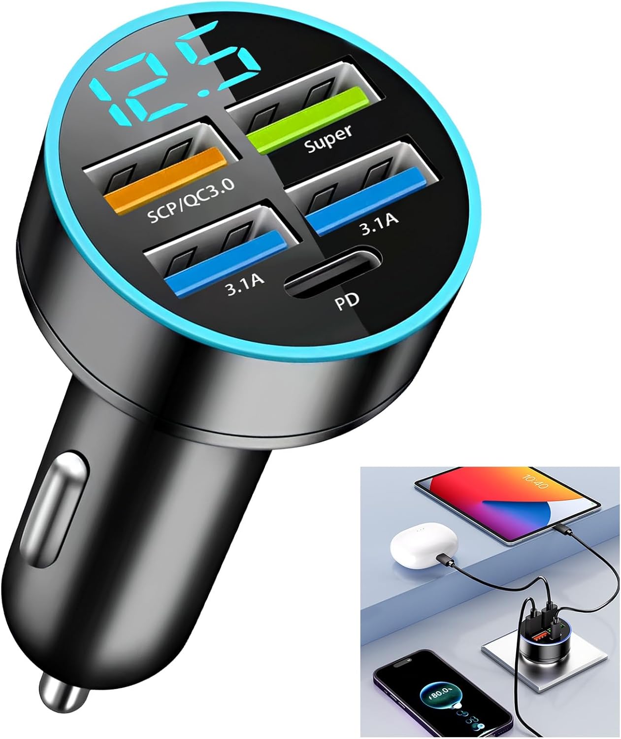 Ccykxa Chargeur De Voiture Double Usb 66w/3.1a, 5 Ports Allume Cigare Usb Prise Chargeur Telephone Voiture Rapide Qc3.0 Avec Led Voltmètre Compatible Avec Phone Samsung Xiaomi Android Type-c