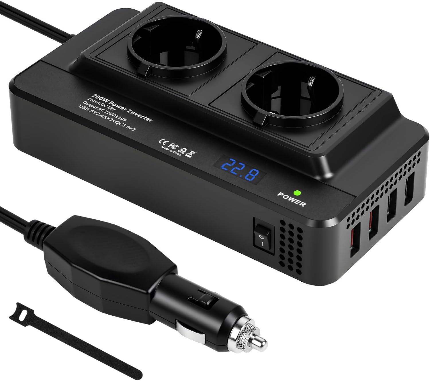 Convertisseur 12v Cc À 230v Ca 200w, Prise Allume Cigare Transformateur De Tension Avec 2 Prises Ac Eu Et 4 Ports Usb, Écran Lcd Numérique Chargeur Voiture Camping Car Avec Multi-protections