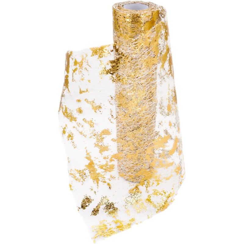 Chemin De Table Filet Avec Feuille D'Or,28cmx9m Chemin De Table Polyester,ruban De Table Métallisé Décoration Pour Fête,célébrations,anniversaire, Mariage, Noël, Fêtes De Bébé,diy,etc.