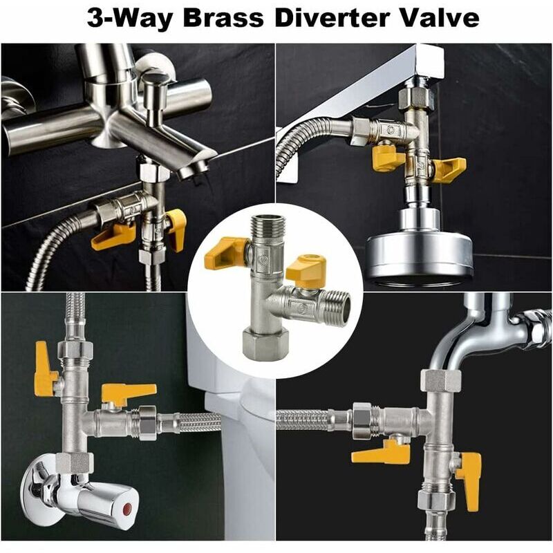 Vanne 3 Voie Raccord T Robinet Wc 3 Voies Douchette G 1/2 Vanne De Dérivation De Douche À 3 Voies Valve De Douche En Laiton Avec 3 Rondelles En Caoutchouc Pour Salle De Bain, Cuisine