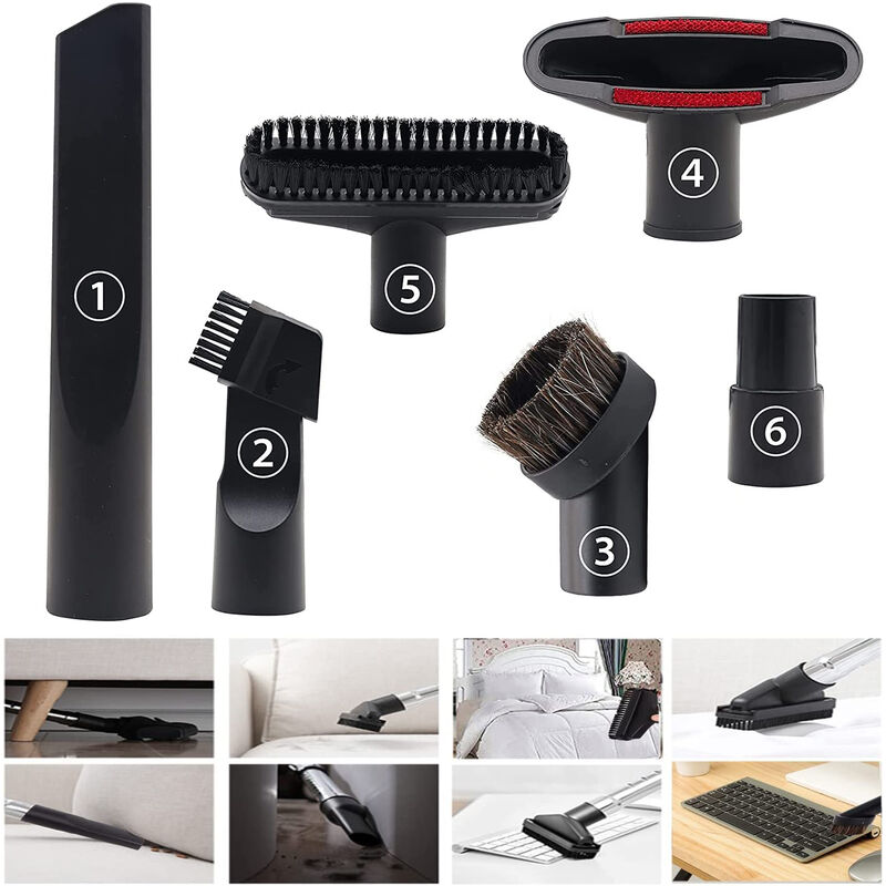 Lot De 6 Accessoires Pour Aspirateur 32-35 Mm – Brosse Combinée, Longue Aspiration, Brosse Ronde – Compatible Karcher, Rowenta, Hoover, Bosch, Miele – Noir – Minetgnon