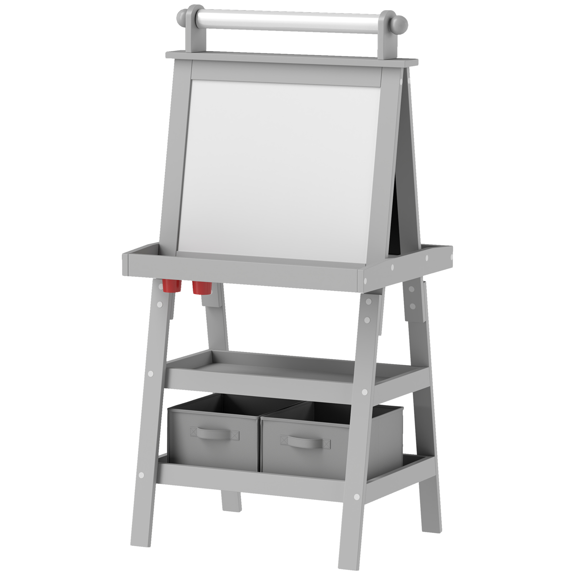 3-in-1 Graue Kinderstaffelei Mit Magnetischer Whiteboard-tafel, Schiefertafel, Papierrolle, 2 Körben, Für Kinder Von 3-6 Jahren