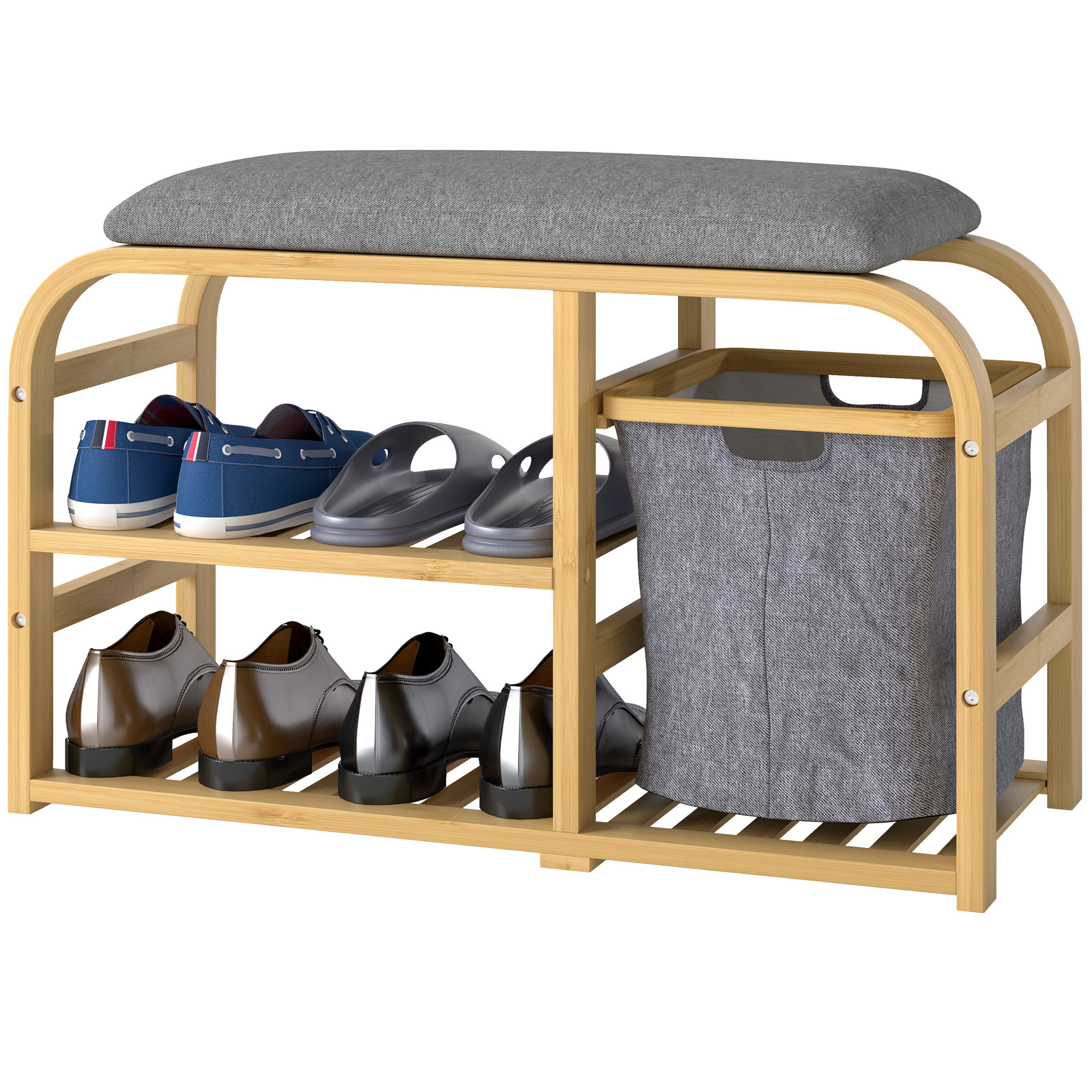 Schuhbank Mit Kissen, 2 Lattenrosten Und Ausziehbarem Stoffkorb, 70 X 30 X 45 Cm, Naturholz