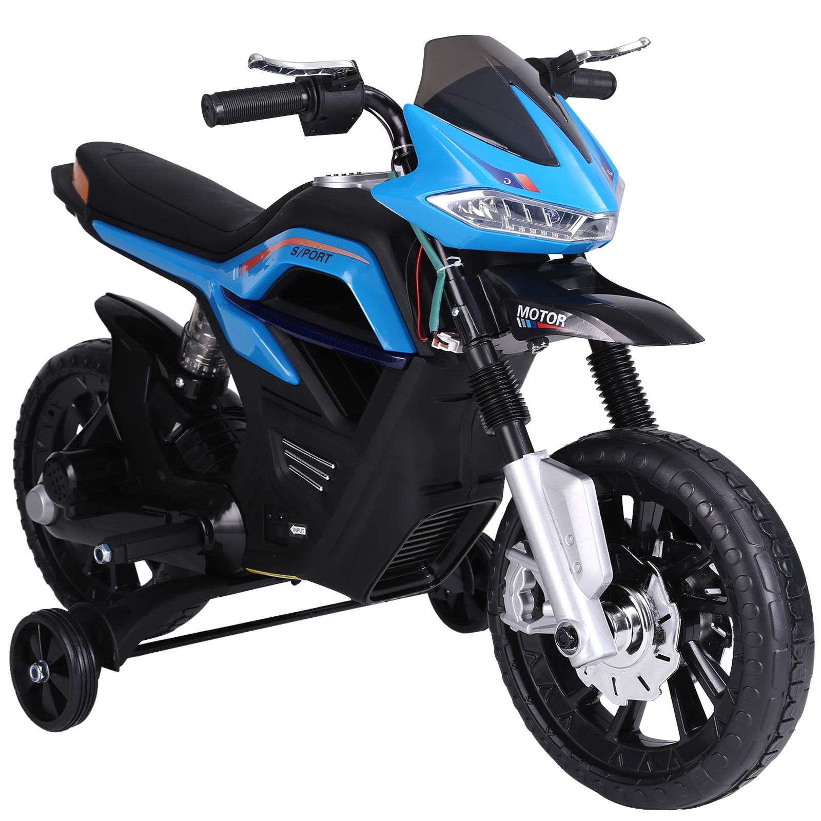 6-v-elektromotorrad Für Kinder Mit Stützrädern Und Scheinwerfern, Pp Und Metall, 105 X 52,3 X 62,3 Cm, Blau Und Schwarz