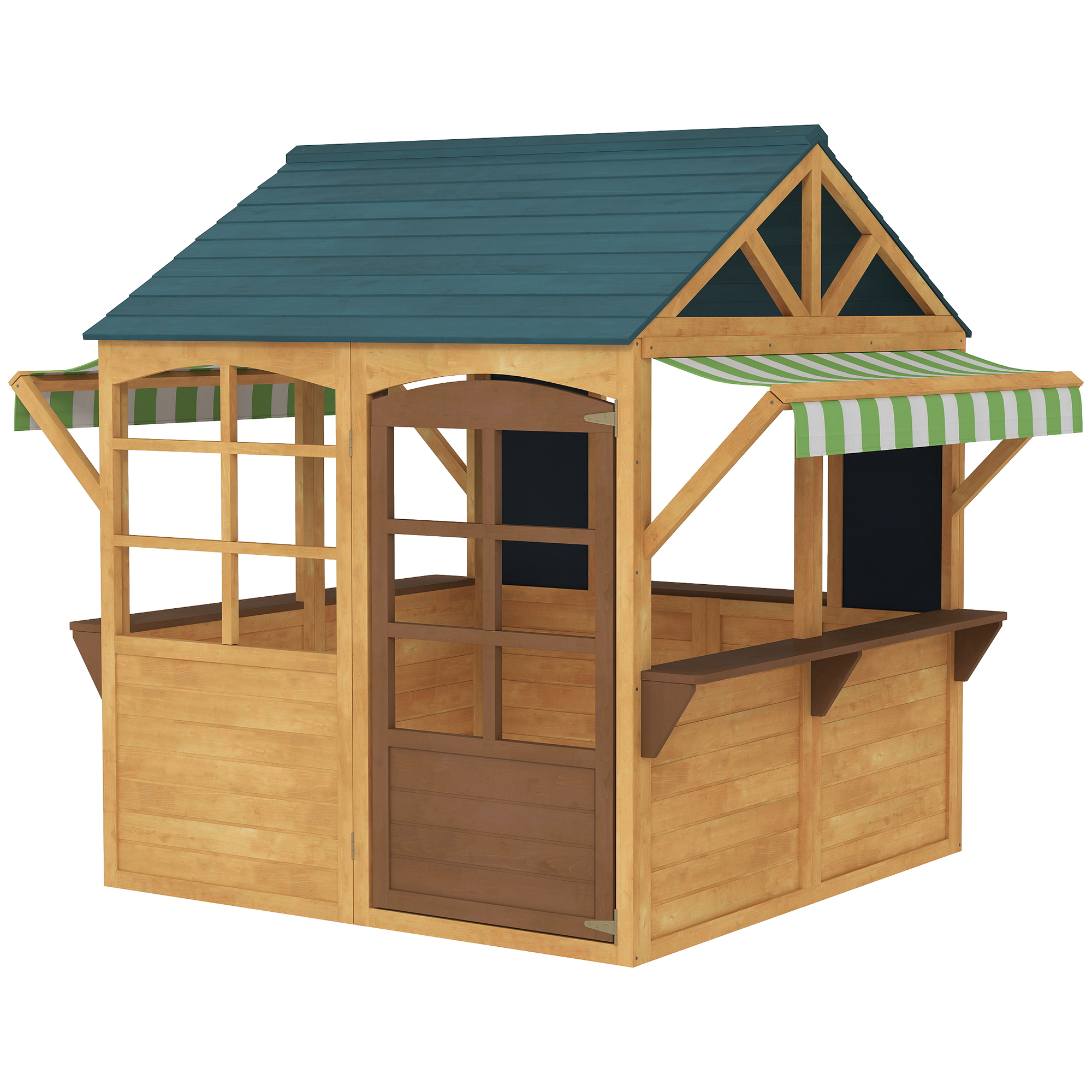 Spielhaus Für Kinder Von 3 Bis 8 Jahren Mit 5 Fenstern Und 2 Panoramafenstern, Aus Tannenholz, 173 X 117 X 144 Cm, Braun Und Blau