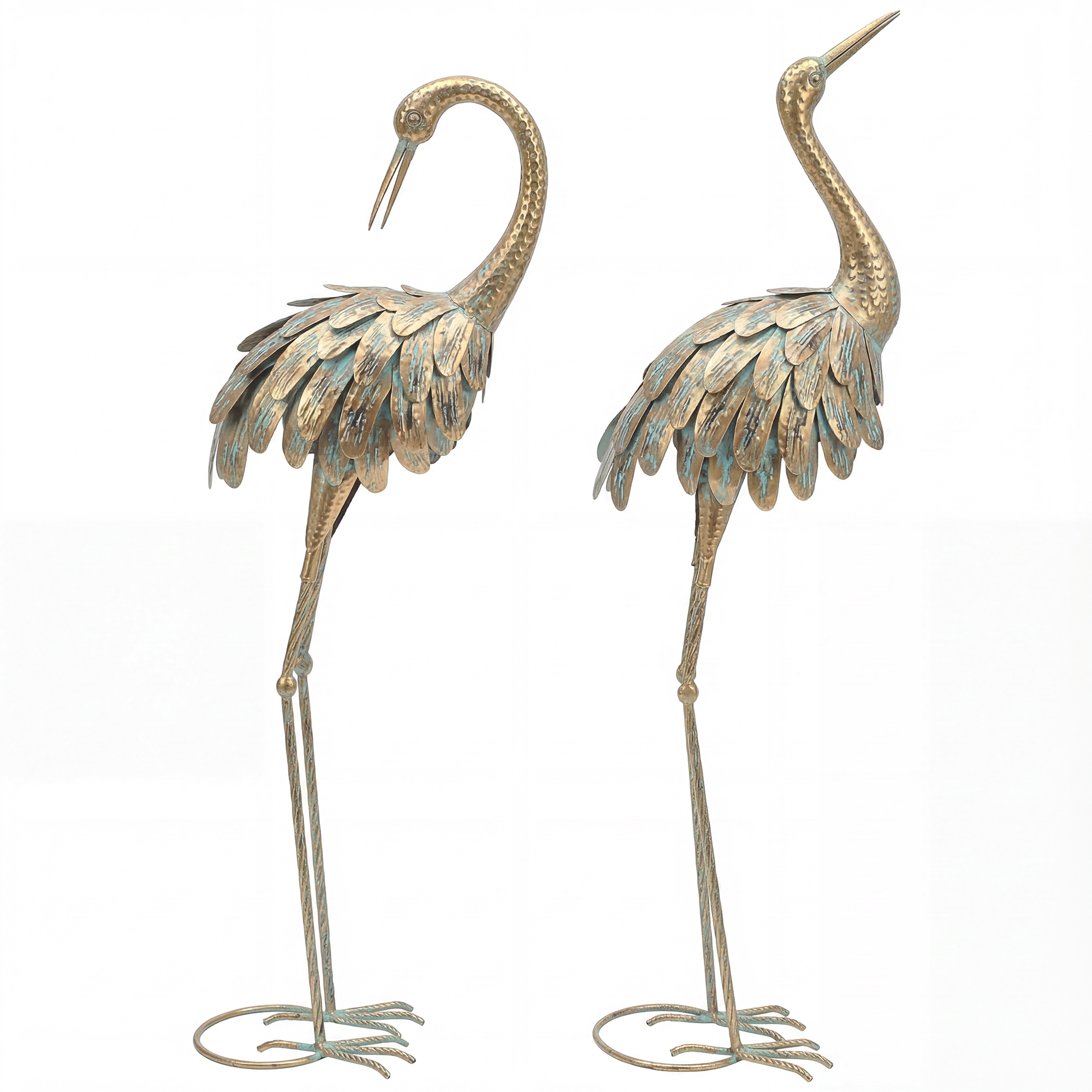 Set Aus 2 Metallreiher-gartenfiguren, 91/95 Cm, Zur Dekoration Von Teich, Hof Oder Terrasse, Gold Und Blau