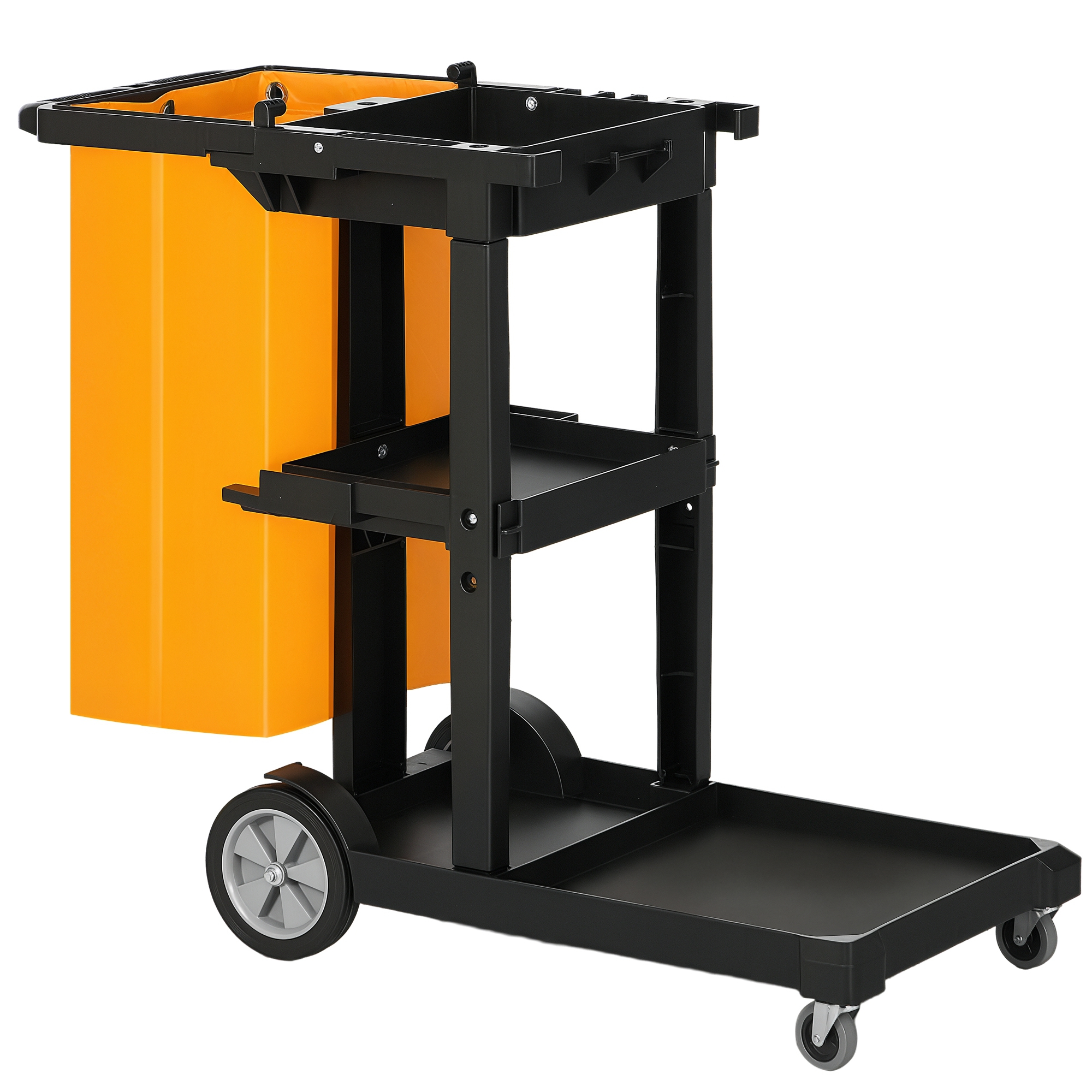 Dreistöckiger Reinigungswagen Mit Haken Und 100-liter-tasche, 121 X 50,5 X 96,5 Cm, Schwarz, Gelb Und Grau