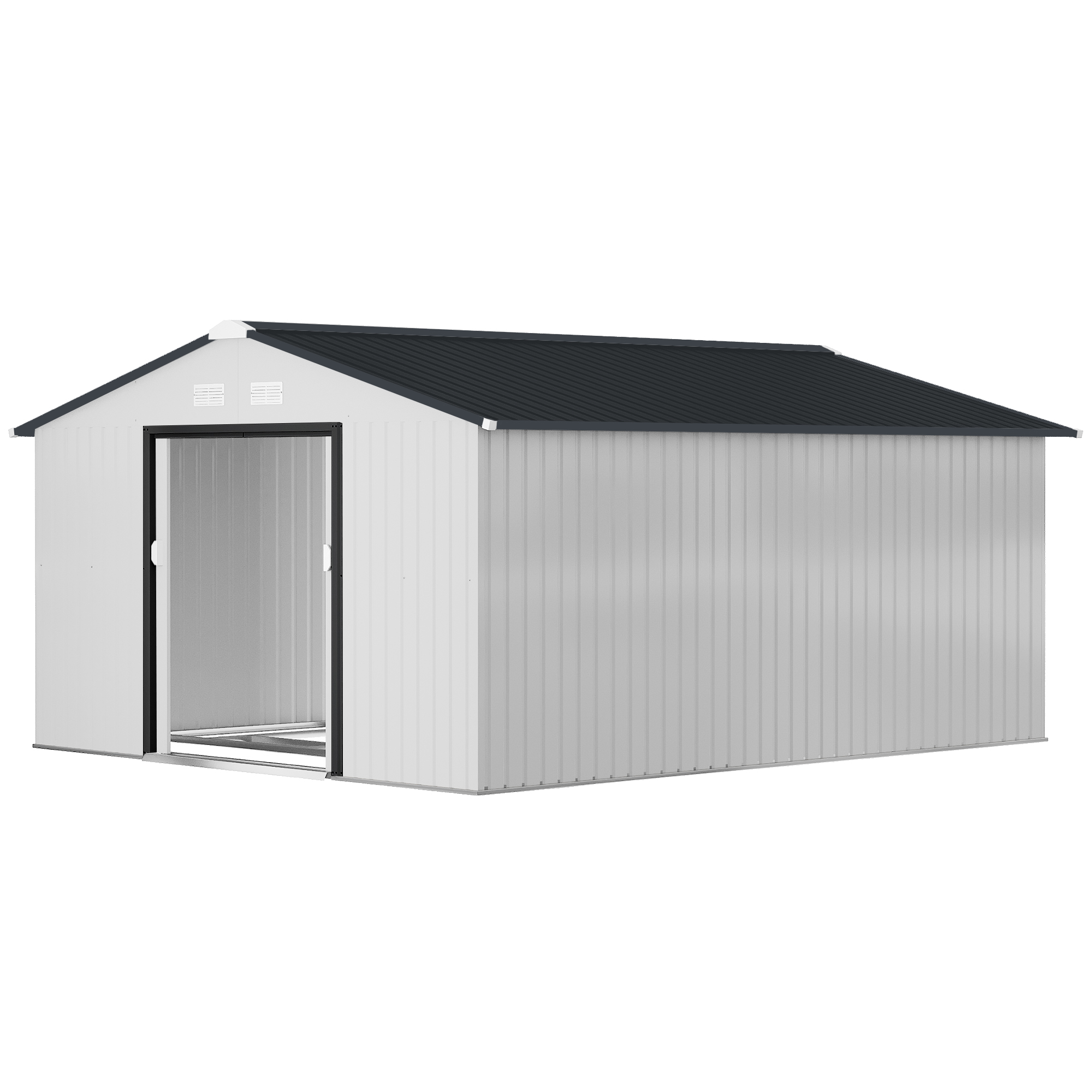 3,4 X 3,8 X 2 M Großer Gartenschuppen Aus Stahl Mit Doppelter Schiebetür Und Schrägdach, Metallic-grau