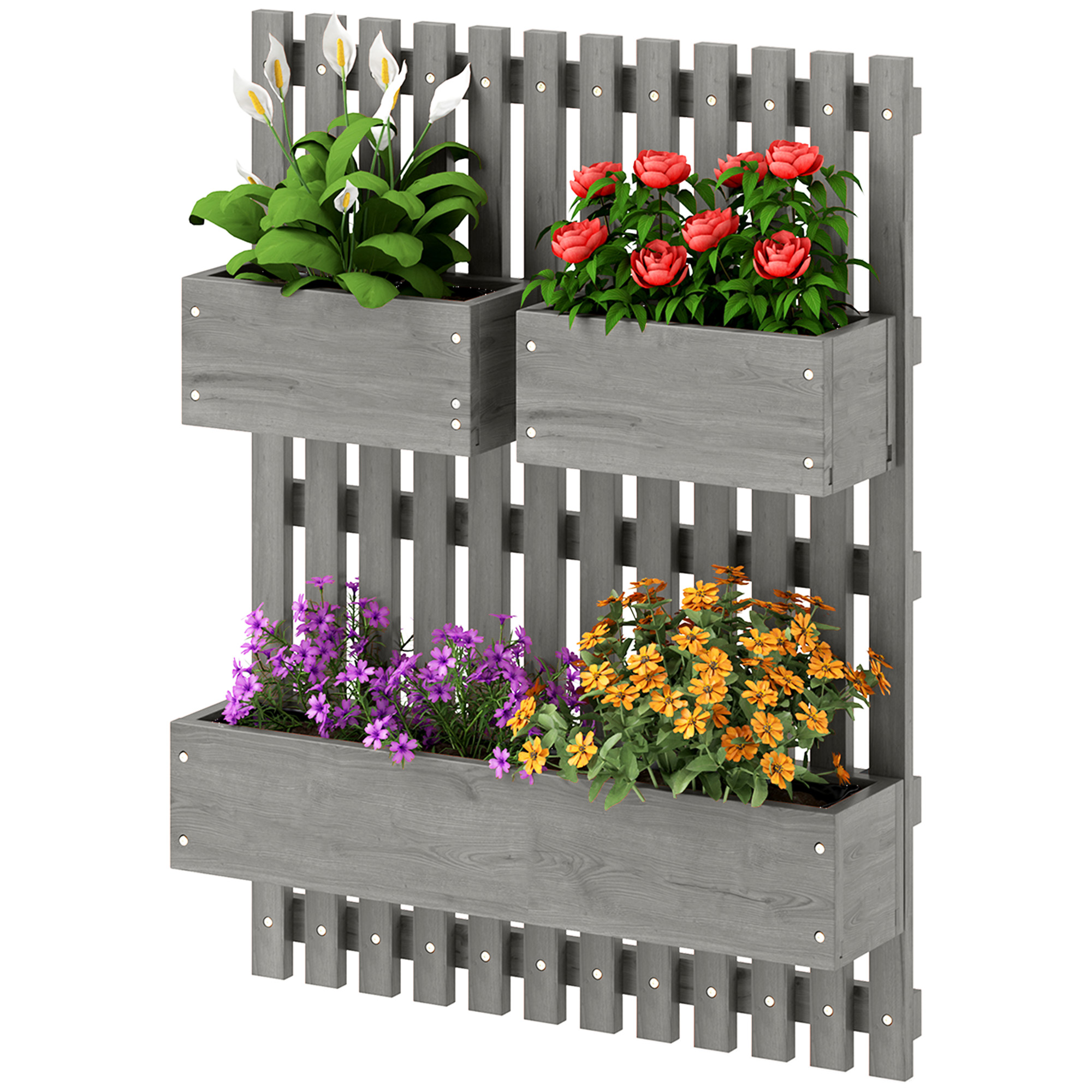 Wandmontierter Gemüsepflanzkasten Mit 3 Herausnehmbaren Massivholzschalen, Geotextilgewebe, 60 X 16 X 80 Cm, Grau