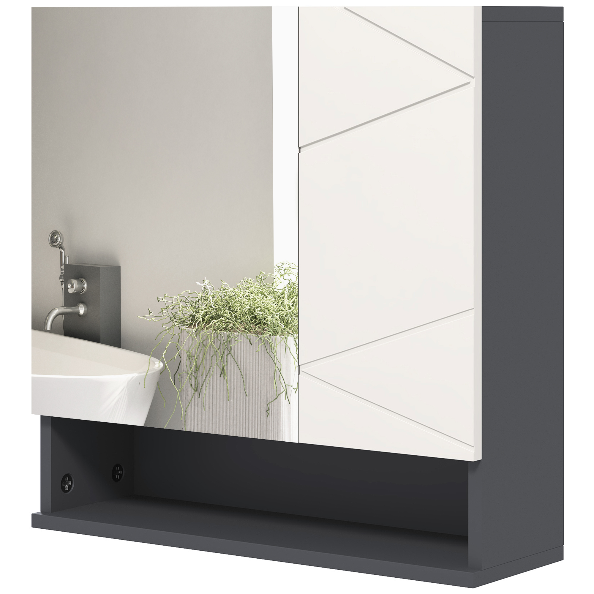 Badezimmerschrank Mit Spiegel, 2 Türen, Verstellbare Holzböden, 55 X 17 X 55 Cm, Grau