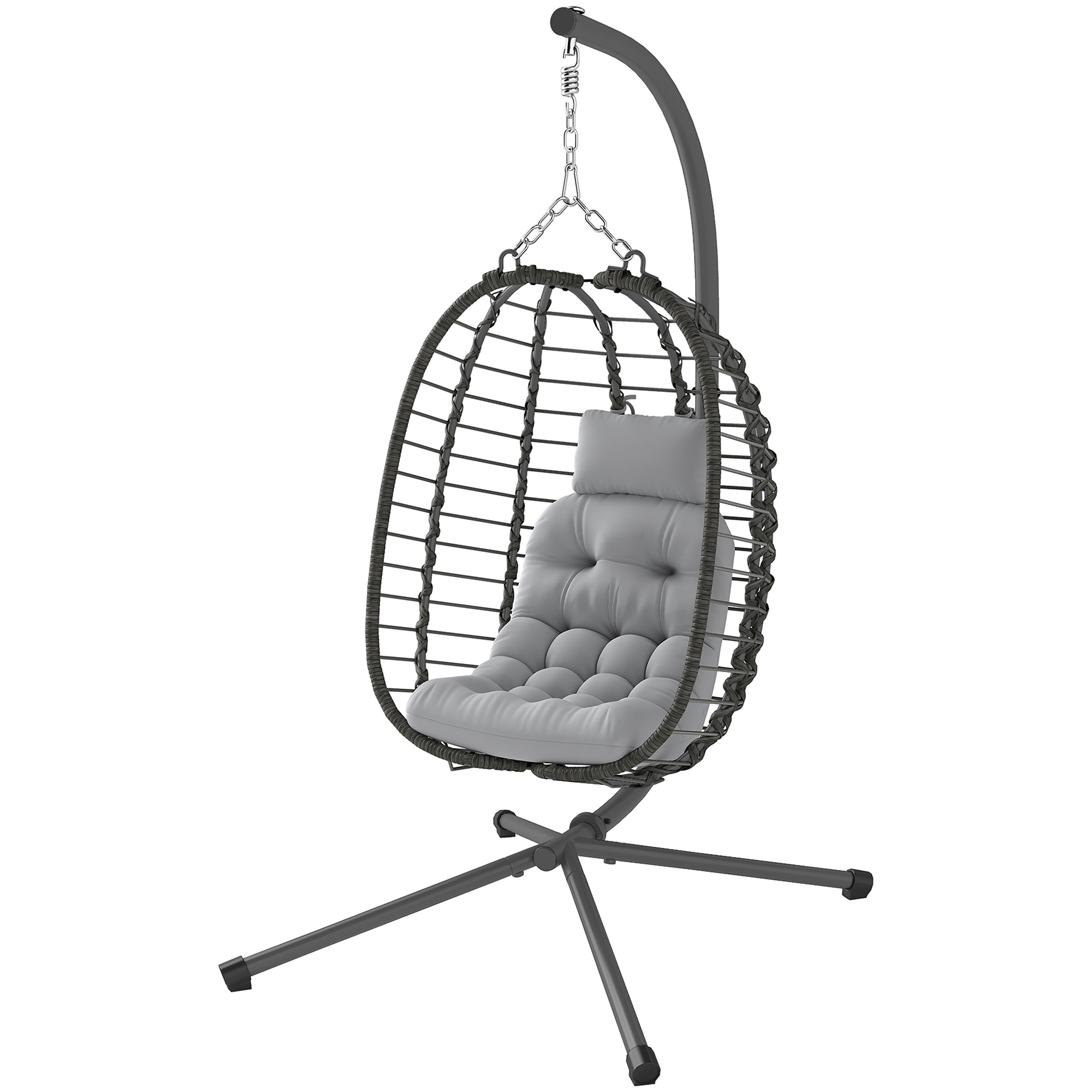 Hängender Rattan-eiersessel Mit Kissen Und Kopfstütze, Höhenverstellbar Und Klappbarer Sitz, Grau