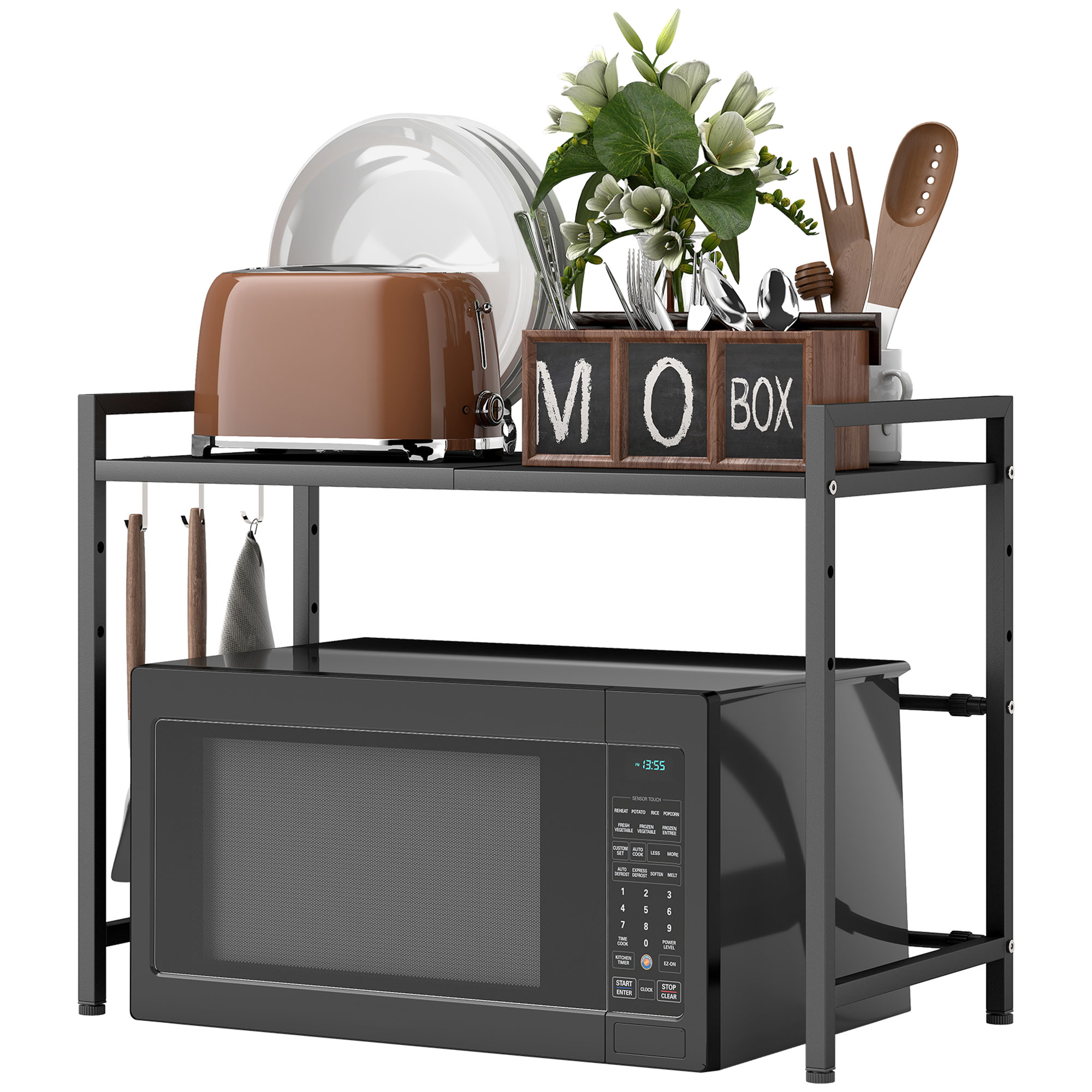 Verstellbarer 2-stufiger Mikrowellenrost Mit 3 Haken, Metall, 39,5–64 X 32 X 47,5 Cm, Schwarz