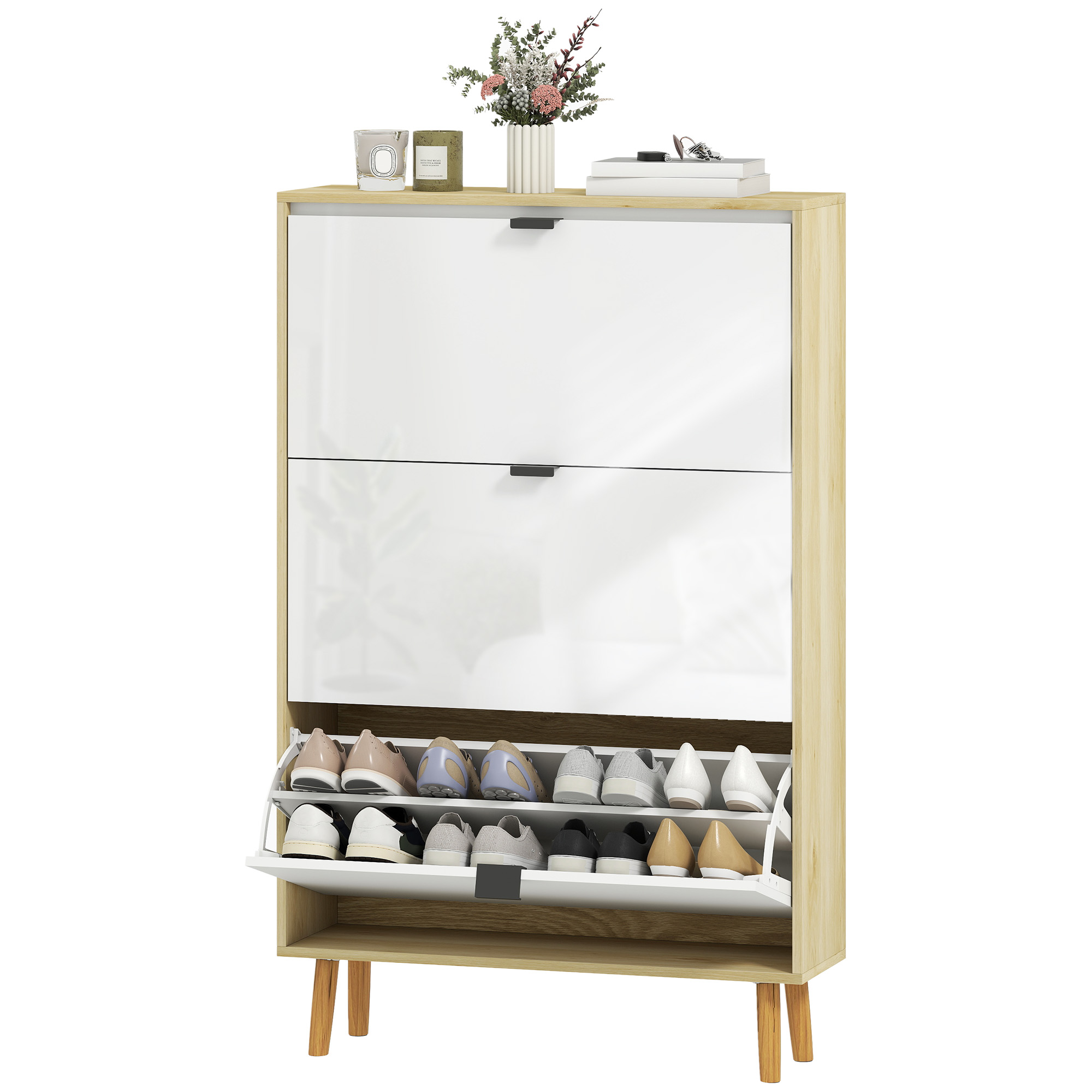 Moderner, Schmaler Schuhschrank Mit 3 Kippbaren Schubladen Für 24 Paar Schuhe, 80 X 24 X 127 Cm, Weiß