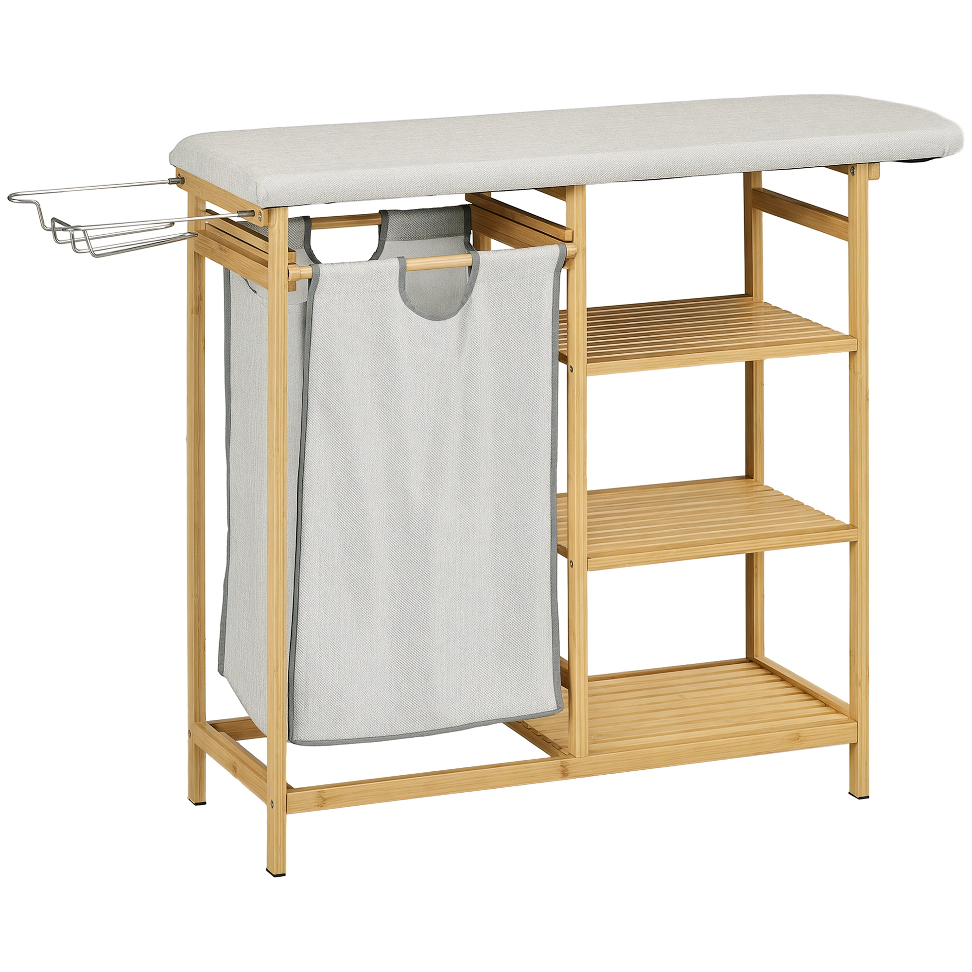 Wäschekorb Aus Bambus Und Polyester Mit Bügelbrett Und 3-stufigem Regal, 113 X 34 X 82 Cm
