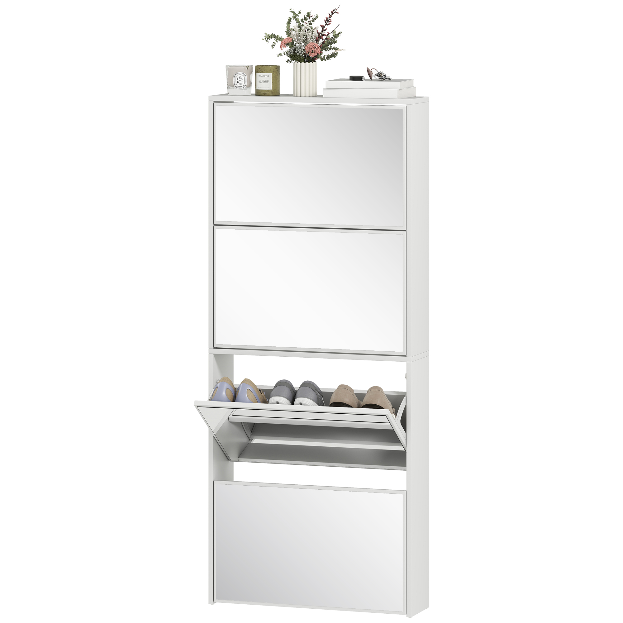 4-türiger, Kippsicherer Schuhschrank Mit Spiegel Aus Holz, 63 X 17 X 146 Cm, Weiß