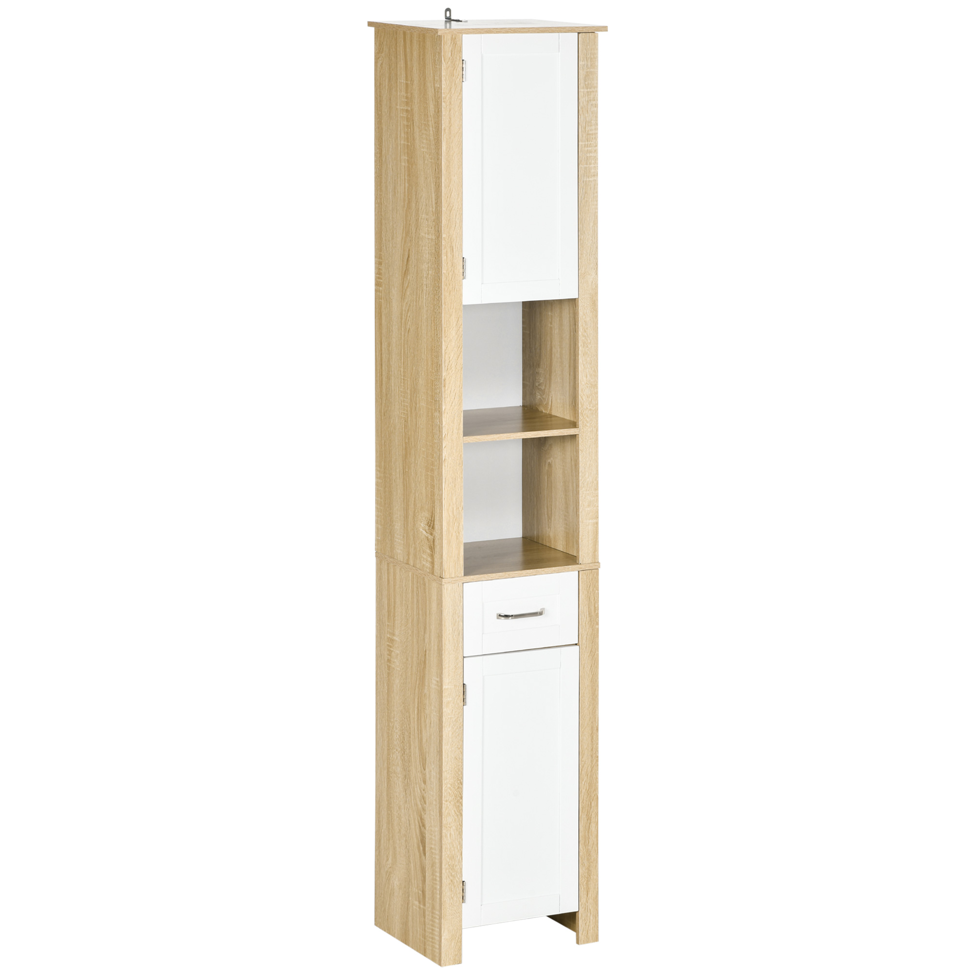 Hoher Badezimmerschrank Aus Spanplatte, Mit 1 Schublade, 2 Schränken Und 2 Verstellbaren Offenen Regalböden, 37 X 30 X 184 Cm