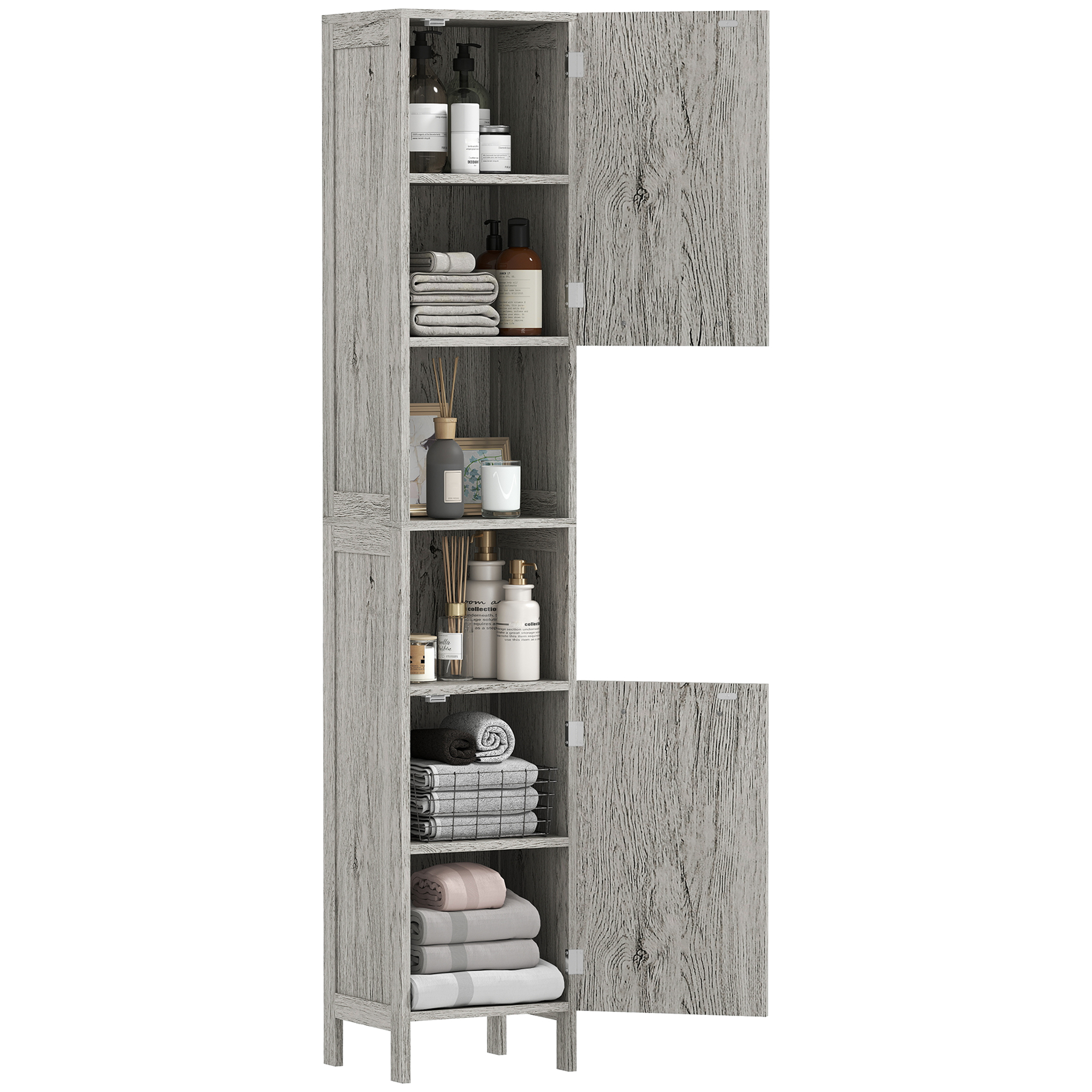 Badezimmerschrank Aus Mdf Mit 2 Schränken Und 2 Offenen Regalböden, 30 X 32 X 172,5 Cm, Holzoptik