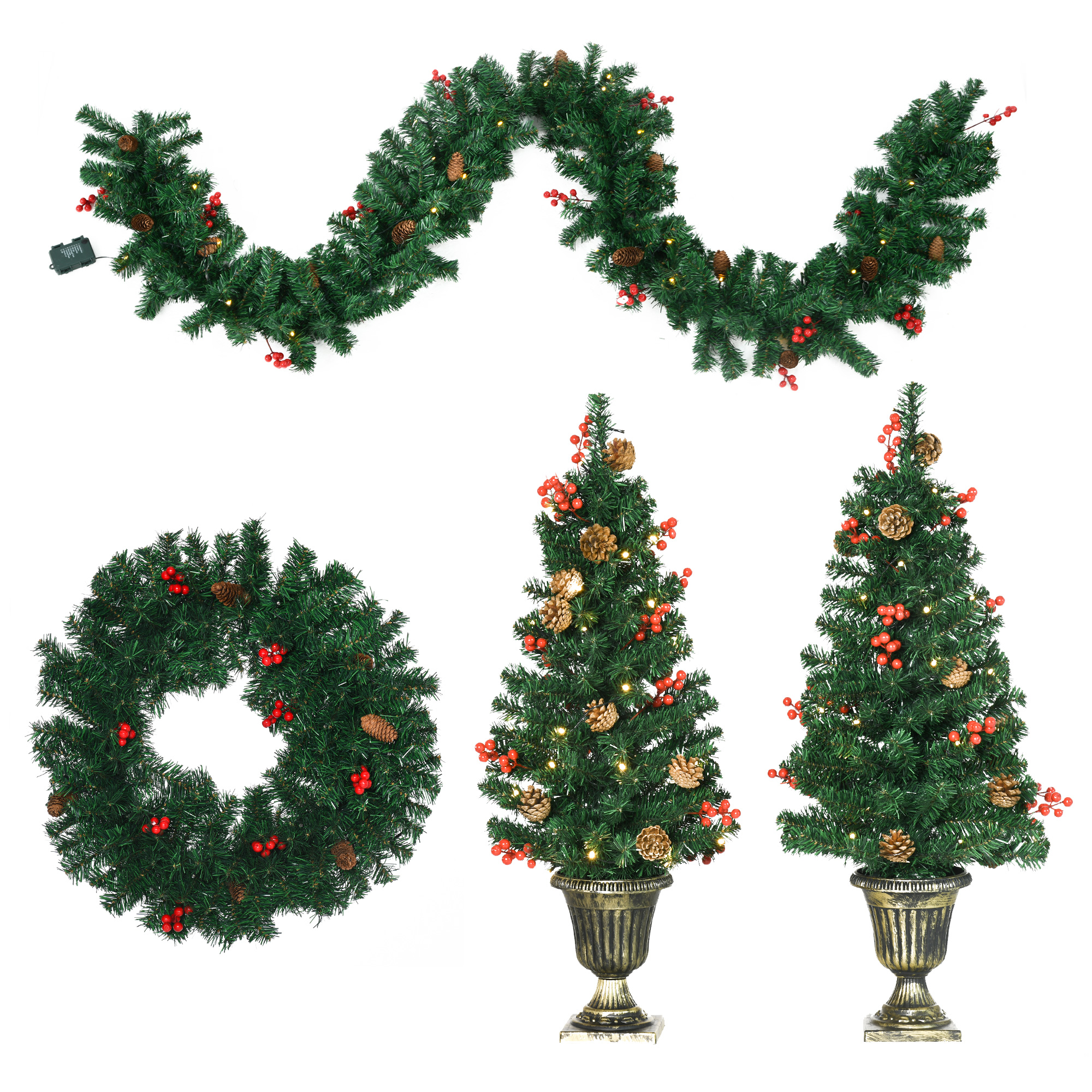Weihnachtsdekorationsset, 4-teilig, Bestehend Aus 2 Weihnachtsbäumen (40 X 90 Cm Durchmesser), Weihnachtsgirlande Und Weihnachtskranz