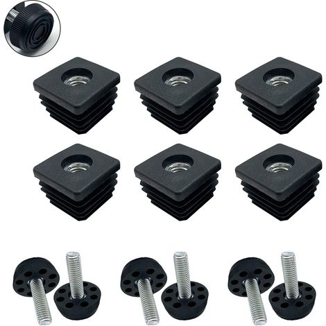 Set Mit 6 Vierkantrohrstopfen – M8-gewinde – Kunststoff – Vierkant-klappstopfen – Mit Möbelfüßen – Verstellbarer Fuß – Schraubfuß – 25 X 25 Mm