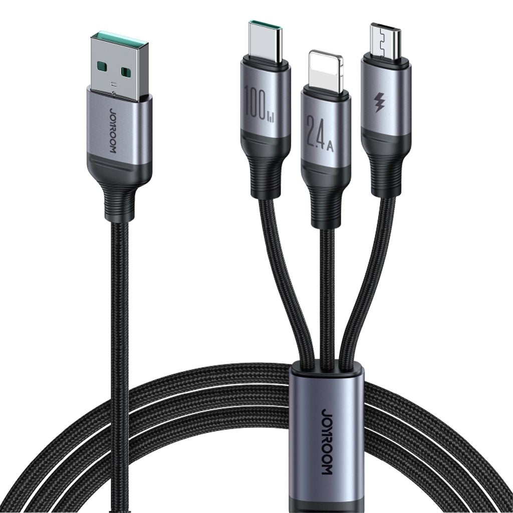 Joyroom 3 En 1 Usb-a A Lightning, Usb-c, Micro-usb, 100 W, 1,2 M - Negro