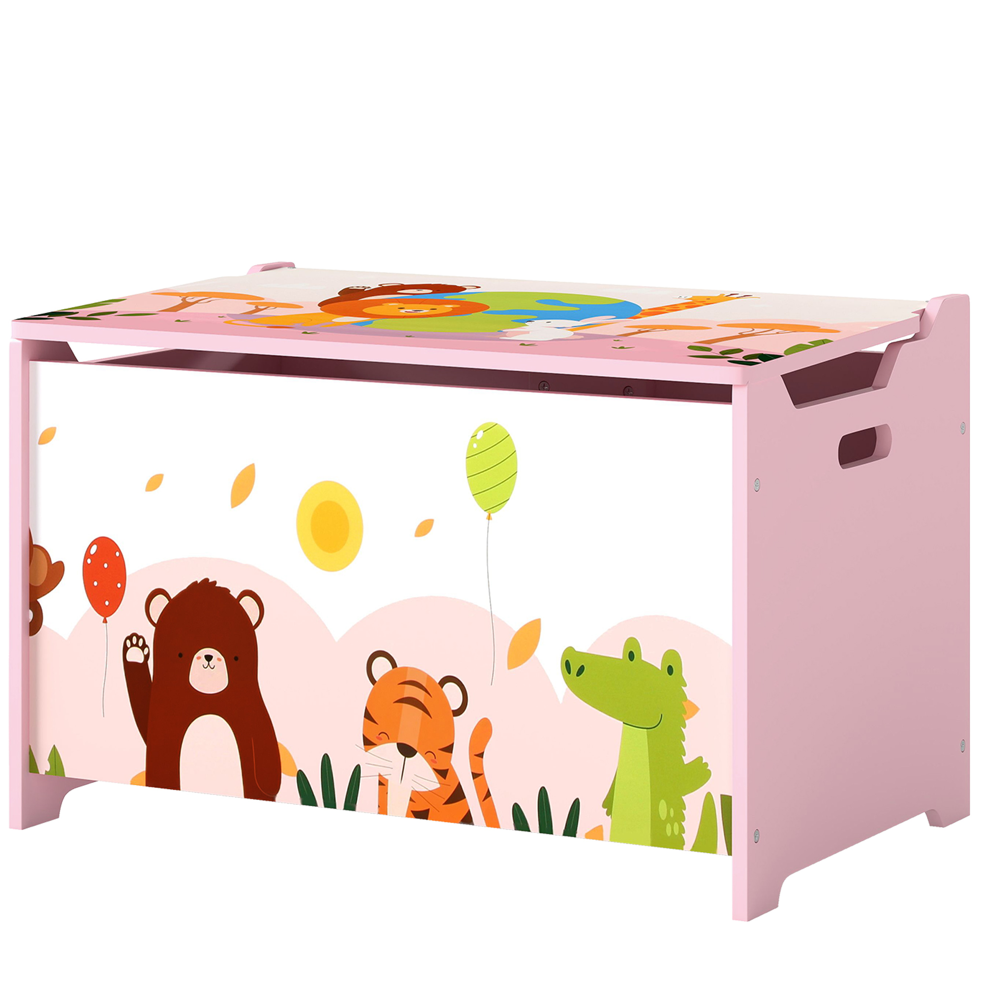 Aufbewahrungsbox Für Kinderspielzeug Mit Sicherheitsverschlüssen, Aus Holz Mit Tiermotiven, 60 X 37 X 39 Cm, Rosa