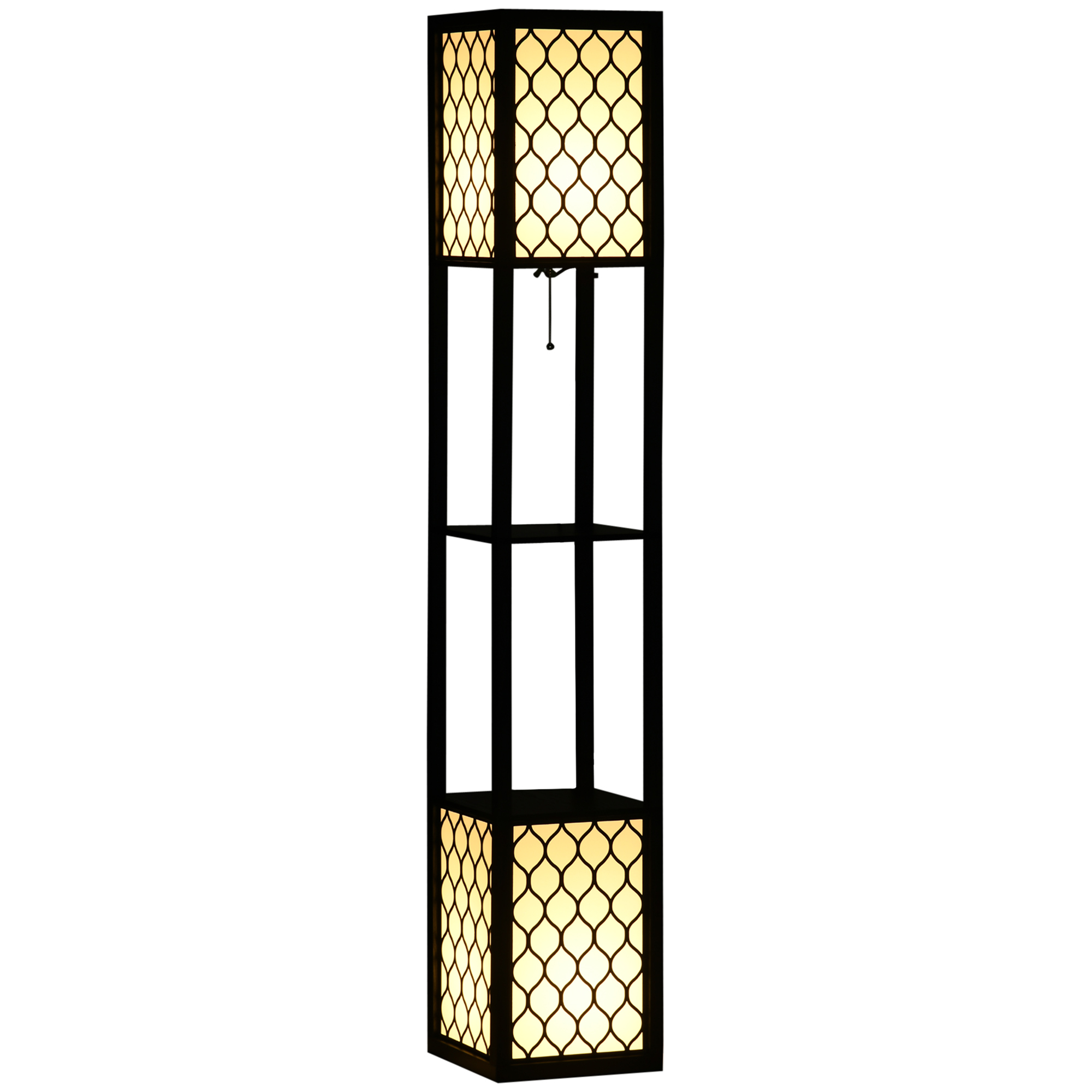 Stehlampe Mit 2 Leuchten, 2 Ablagen, 4 Ebenen, Schwarze Mdf-platte Mit Wabenmuster, 26 X 26 X 156 Cm