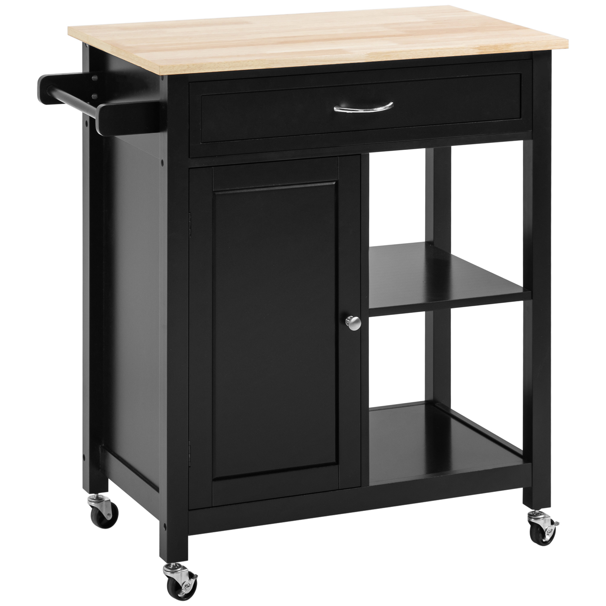 Küchenwagen Aus Holz Mit Schublade, Schrank Und Rollen, 83 X 45 X 88 Cm, Schwarz