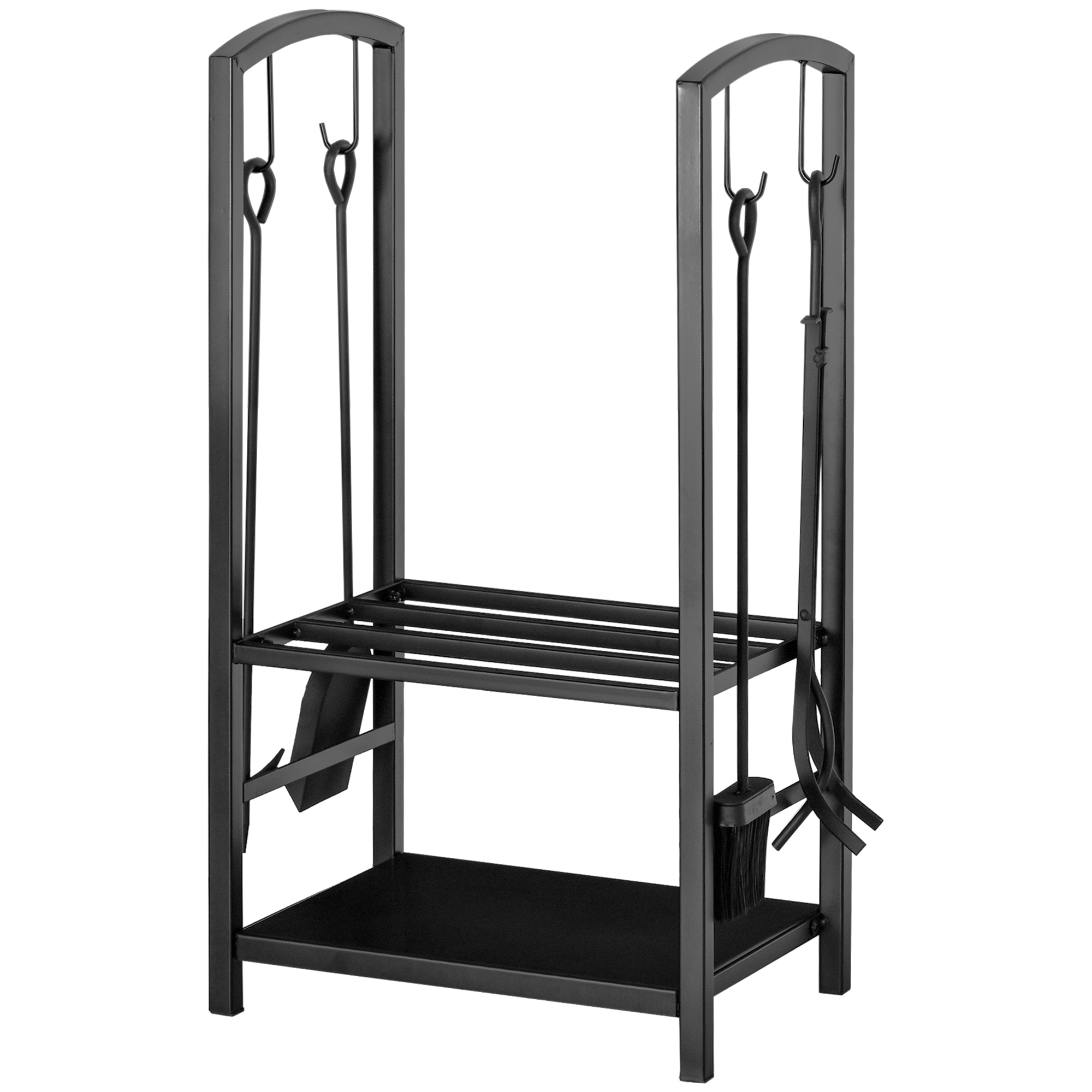 Erhöhtes, Zweistöckiges Brennholzregal Für Drinnen Und Draußen, Metall-holzhalter Mit Schaufel, Besen, Schürhaken Und Zange, Tragkraft 100 Kg, 40 X 30 X 74,5 Cm, Schwarz