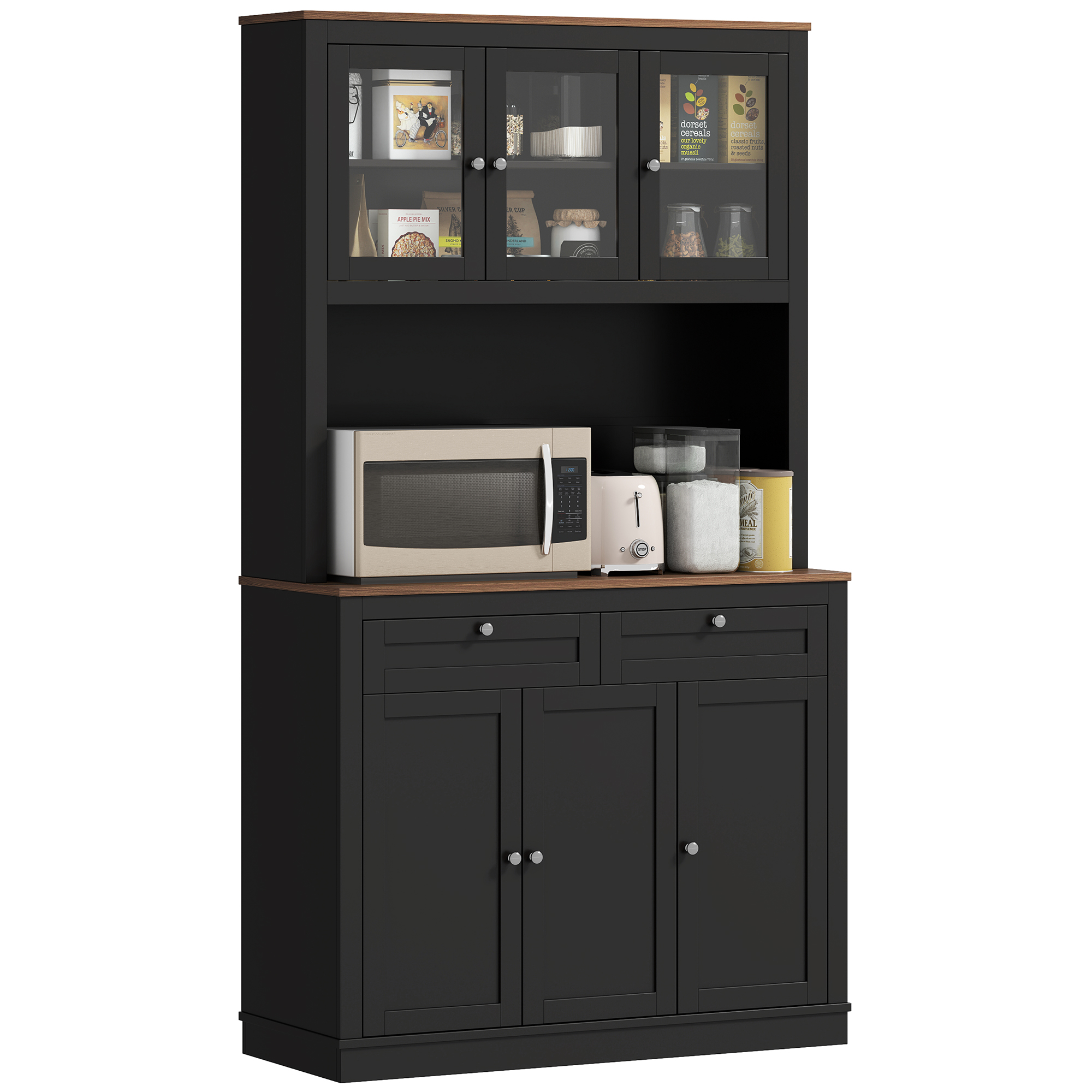 Hohes Küchen-sideboard Mit 4 Schränken, 2 Schubladen Und Einer Zentralen Arbeitsplatte, 100 X 40 X 180 Cm, Schwarz