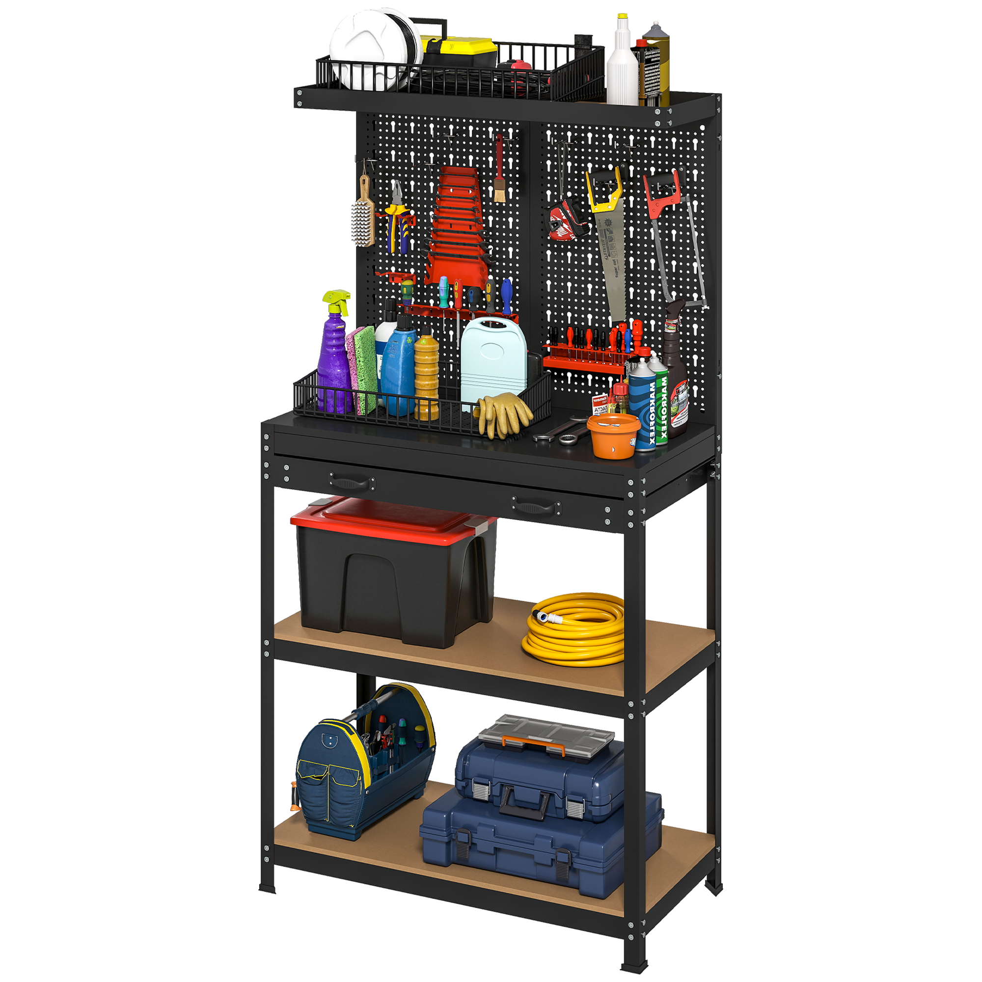 Schwarze Werkbank 80x40,5x155cm Mit Arbeitsplatte, Lochwand, 14 Haken, 2 Regalböden Und Schublade