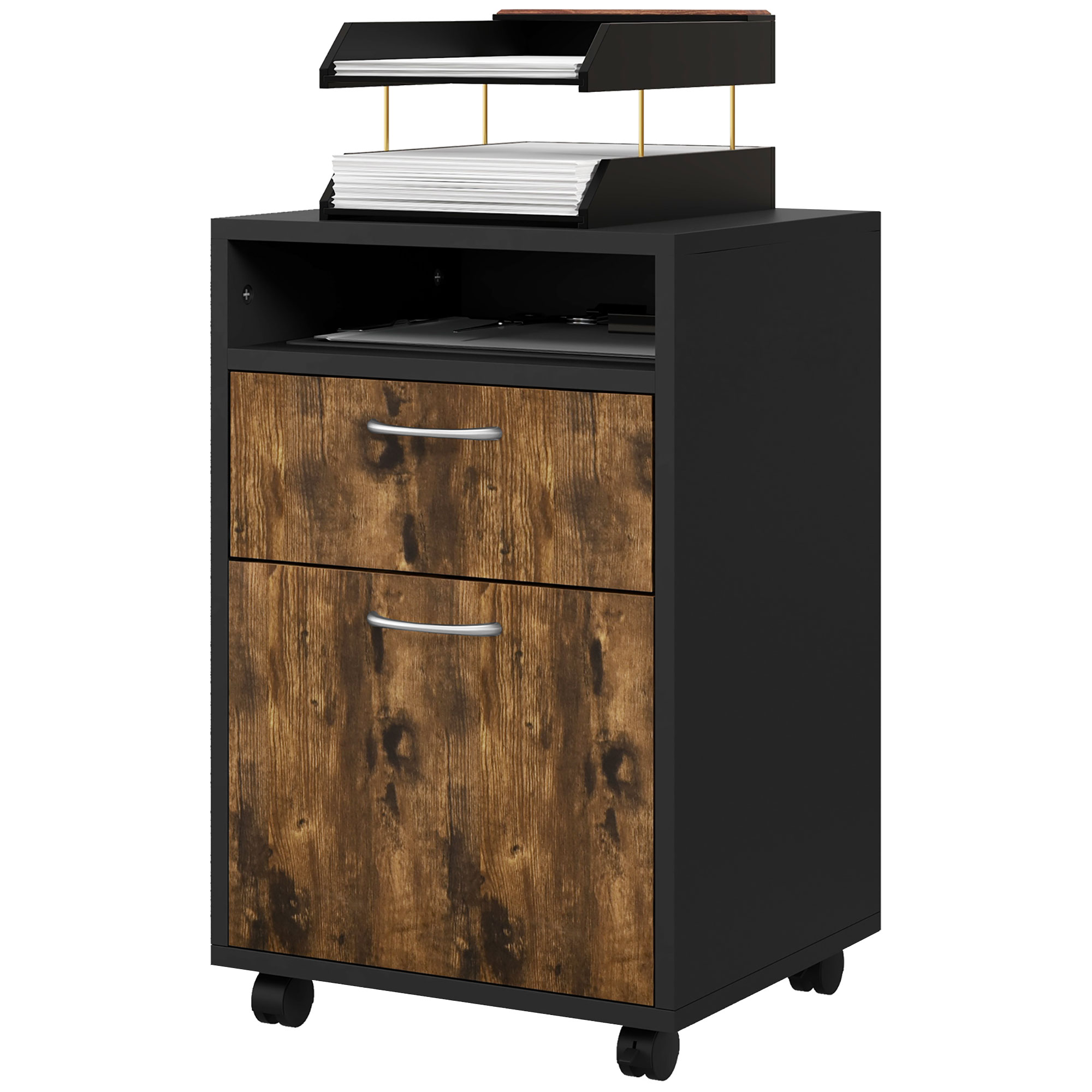 Schubladenschrank Mit Einlegeboden, 4 Rollen, 40 X 35 X 60 Cm, Braun Und Schwarz