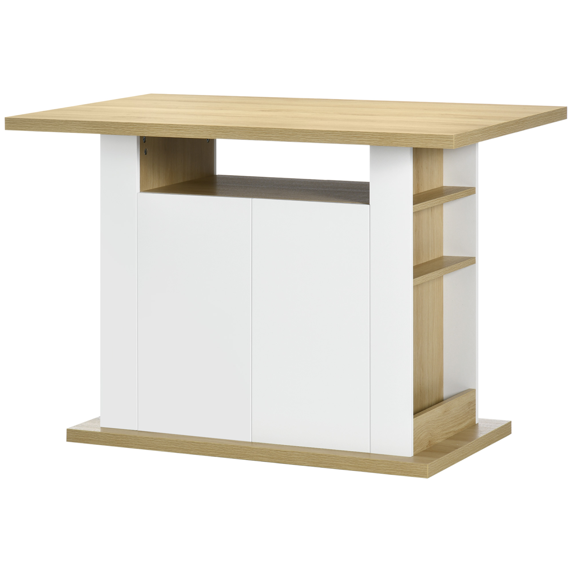 Kücheninsel Mit 4 Sitzplätzen, Offenen Schränken Und Regalen, Aus Spanplatte, 110 X 70 X 75,5 Cm, Weiß Und Holz