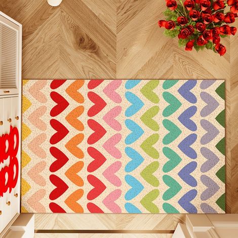 Bunte Herz-fußmatte, 50 X 80 Cm, Aus Seidenschlingenstoff Mit Cartoon-muster, Fleckenabweisend Und Leicht Zu Reinigen, Strapazierfähig Und Fleckenabweisend.