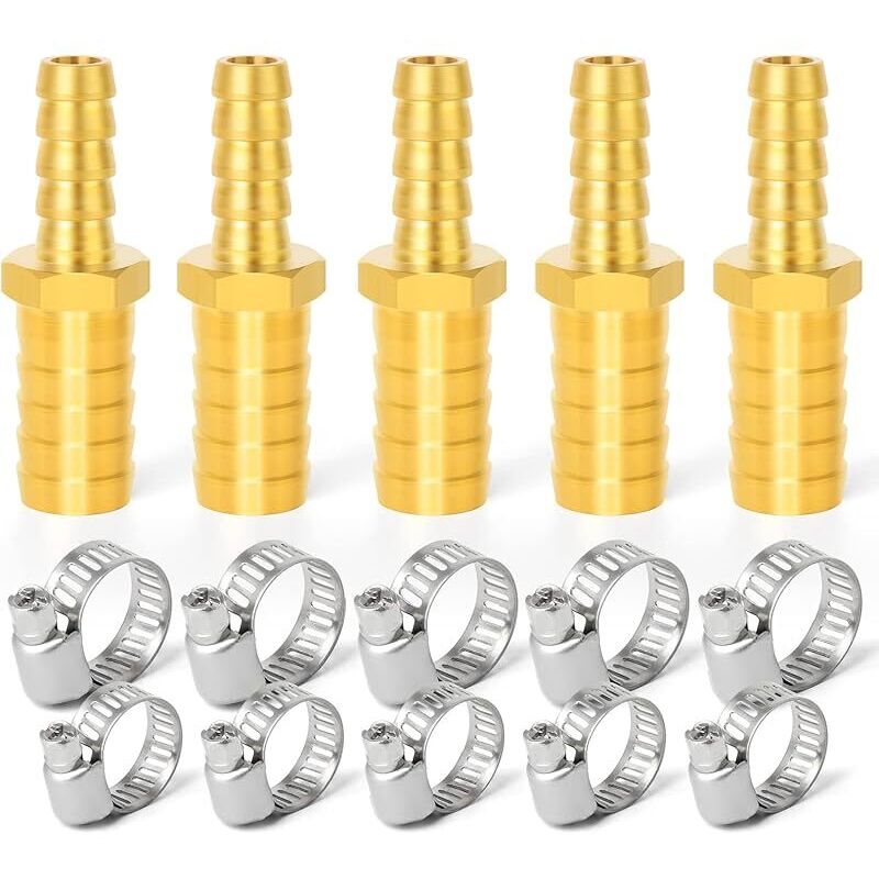 5 Messing-rohrreduzierverbinder 8 Mm X 10 Mm, 2-wege-geradverschraubung Mit 10 Klemmen.