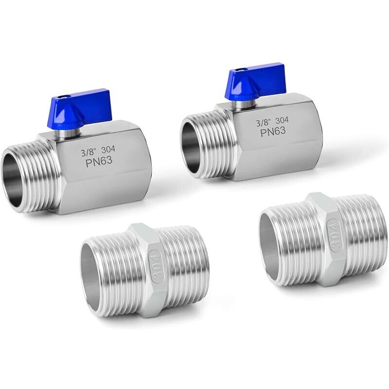 2 Robuste Kugelhähne Aus Edelstahl 304 Mit 3/8" Innengewinde X 3/8" Außengewinde Bsp Und 2 3/8" Außengewinde-sechskantanschlüssen Aus Edelstahl Sus 304.