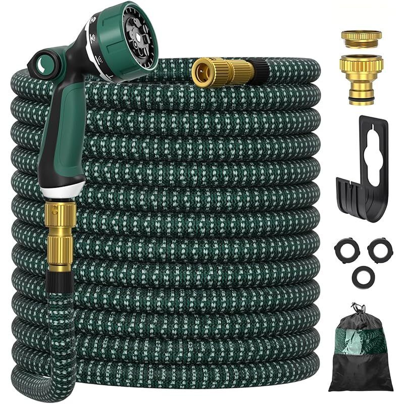 Ultty Dehnbarer Gartenschlauch Mit 1/2"- Und 3/4"-adaptern, 10 Bewässerungsmodi, Strapazierfähigem Dreilagigem Latex Mit Metallanschlüssen Und Tasche, 30 M, Grün